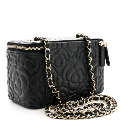 Chanel Lambskin Camellia Embossed Small Vanity Case With Chain Black 3 of 11