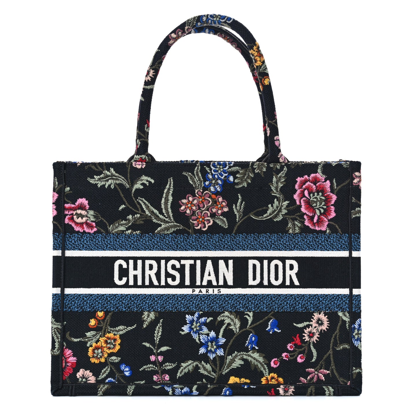 Raffia Embroidered Petites Fleurs Medium Book Tote Navy Blue Multicolor