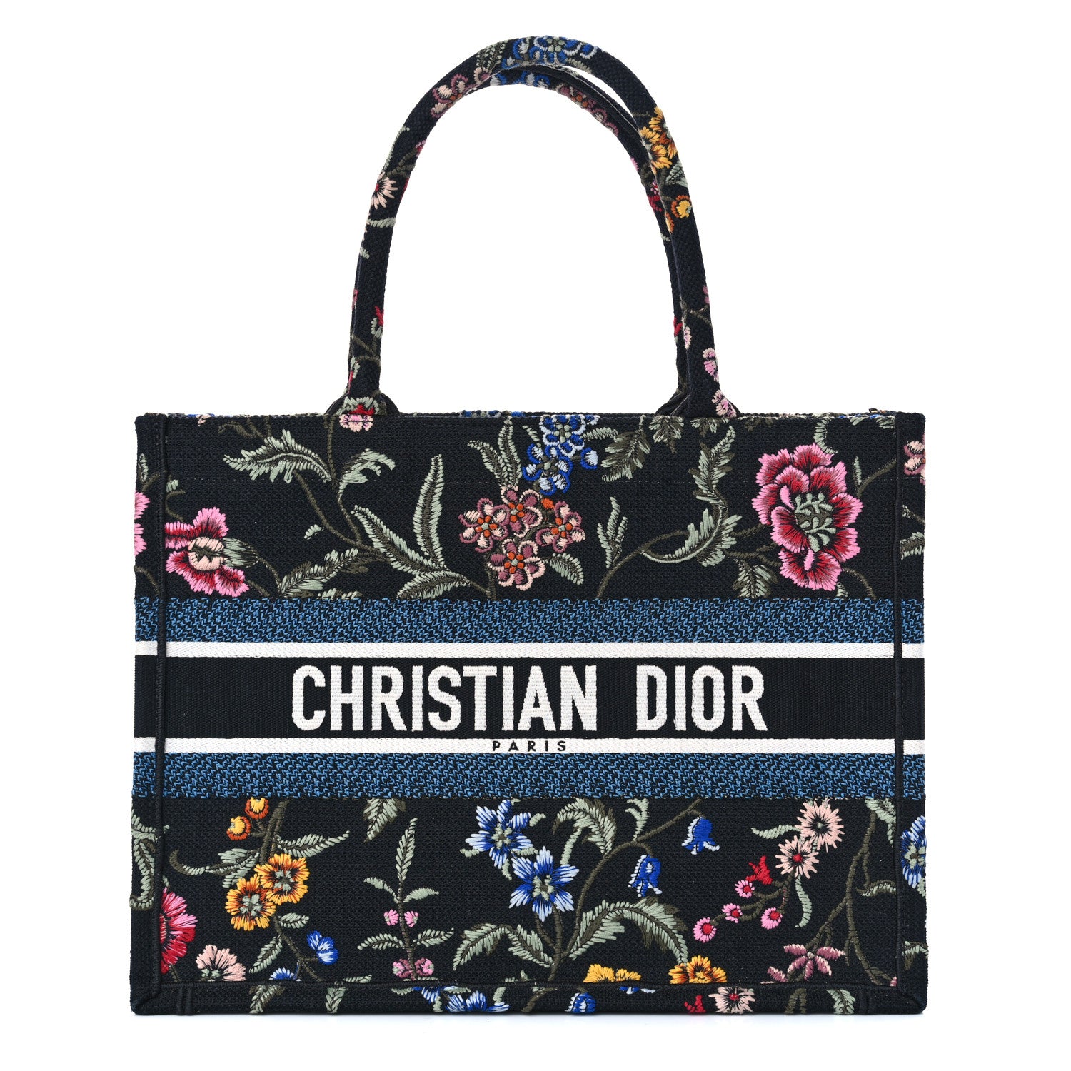 Christian Dior Raffia Embroidered Petites Fleurs Medium Book Tote Navy Blue Multicolor 1 of 10