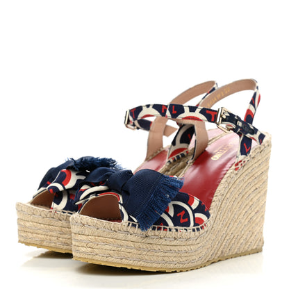 Valentino Garavani Twill Printed Bow Espadrille Wedge Sandals 39 Navy 3 of 9