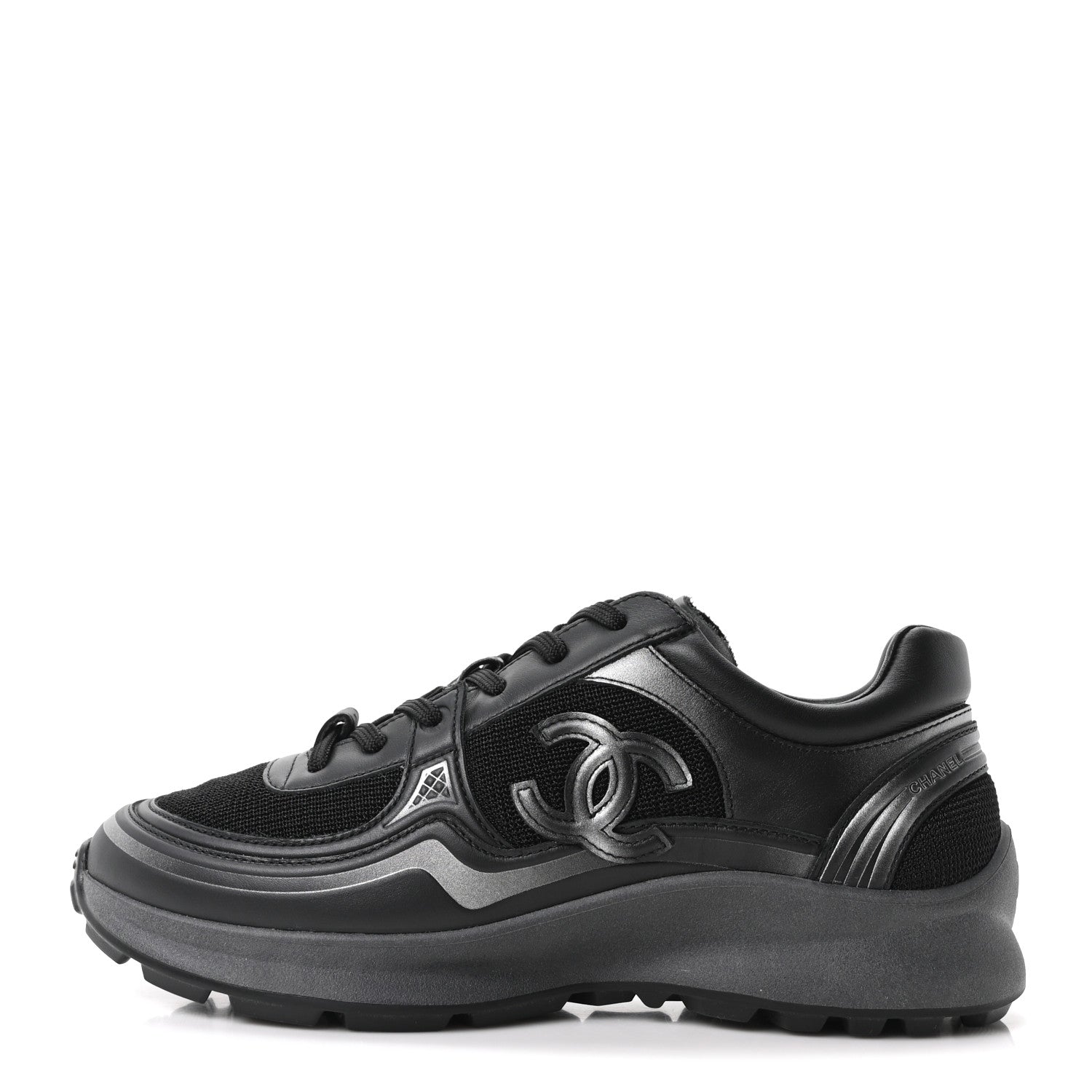 Chanel Mesh Calfskin CC Sneakers 37.5 Black Silver 1 of 9