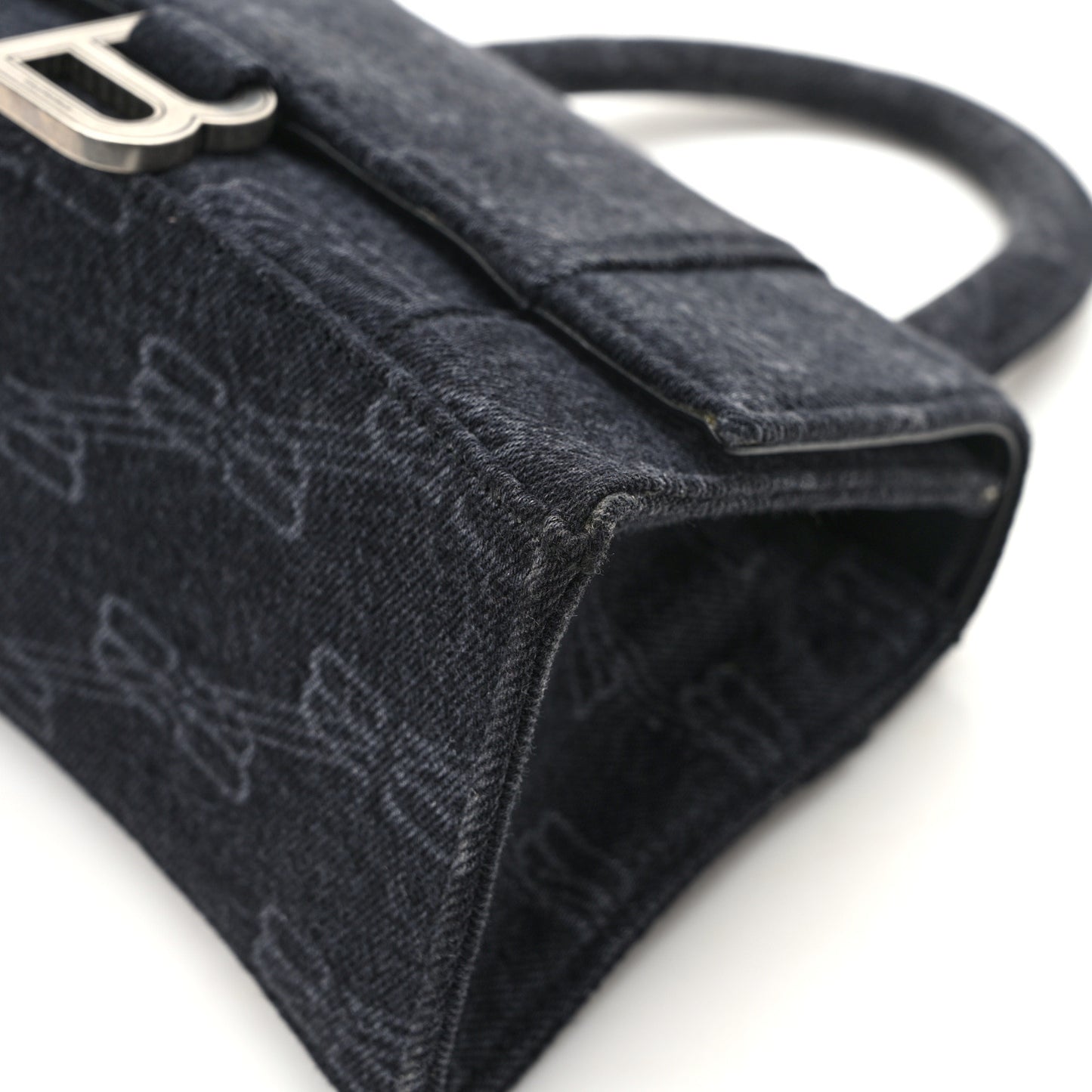 Washed Denim BB Monogram Small Hourglass Top Handle Bag Black
