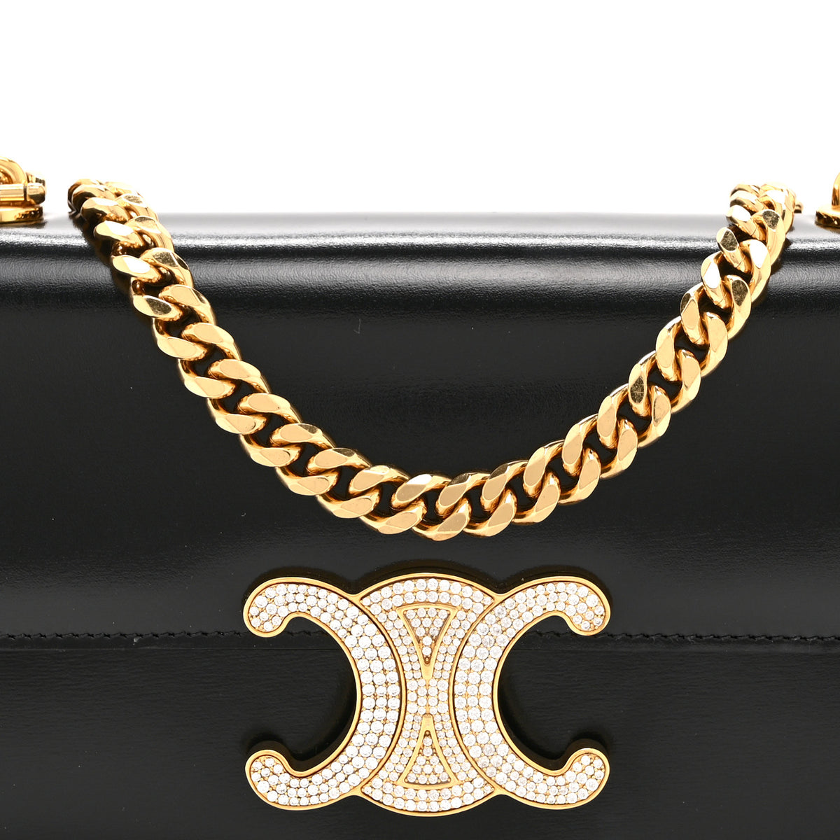 Celine Shiny Calfskin Triomphe Crystals Chain Shoulder Bag Black 10 of 12