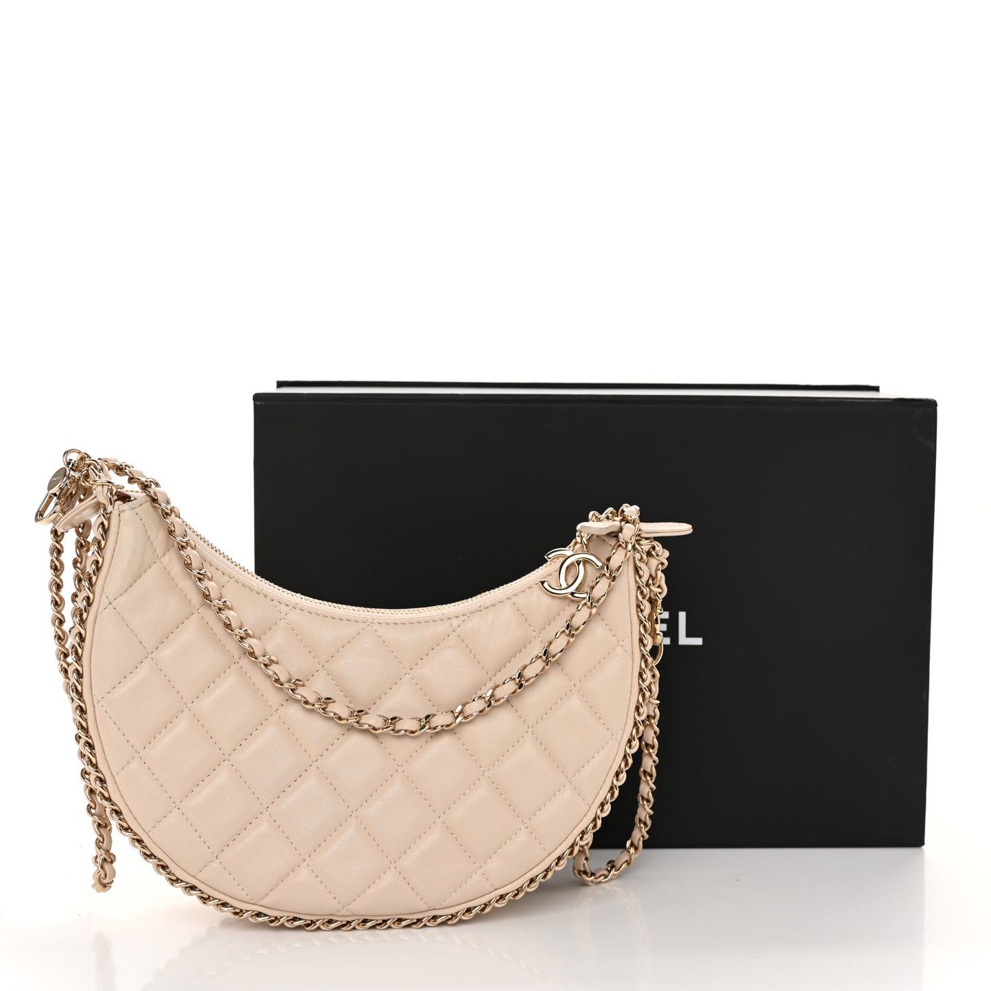 Lambskin Quilted Small Hobo Bag Light Beige