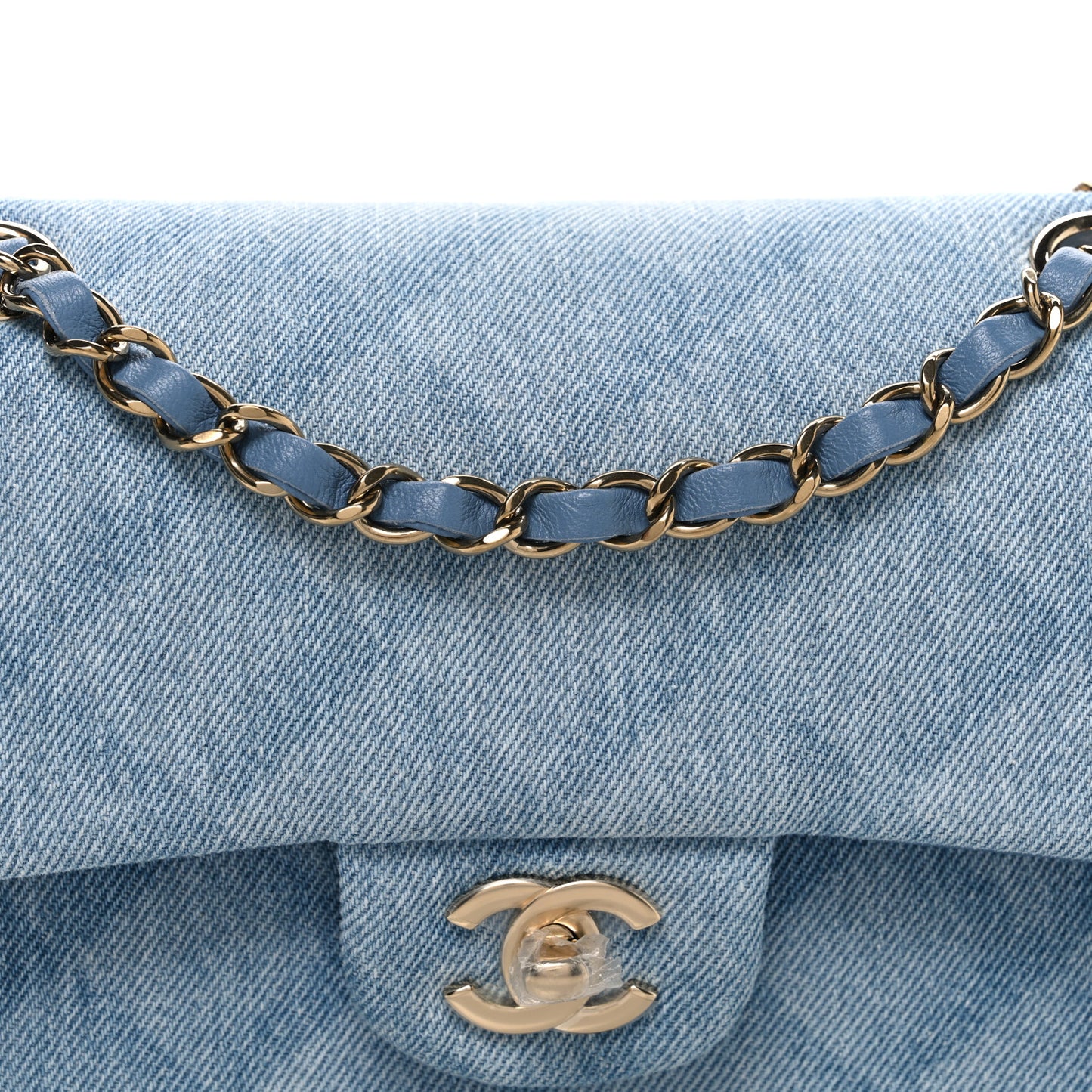 Printed Denim Quilted Small Double Flap Light Blue