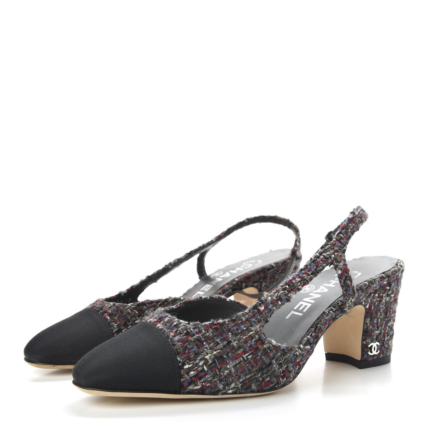 Tweed Grosgrain Cap Toe CC Slingback Pumps 35.5 Brown Red Black