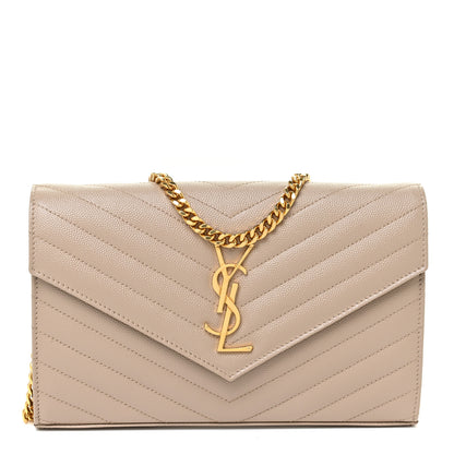 Saint Laurent Grain De Poudre Matelasse Chevron Monogram Chain Wallet Dark Beige 1 of 12