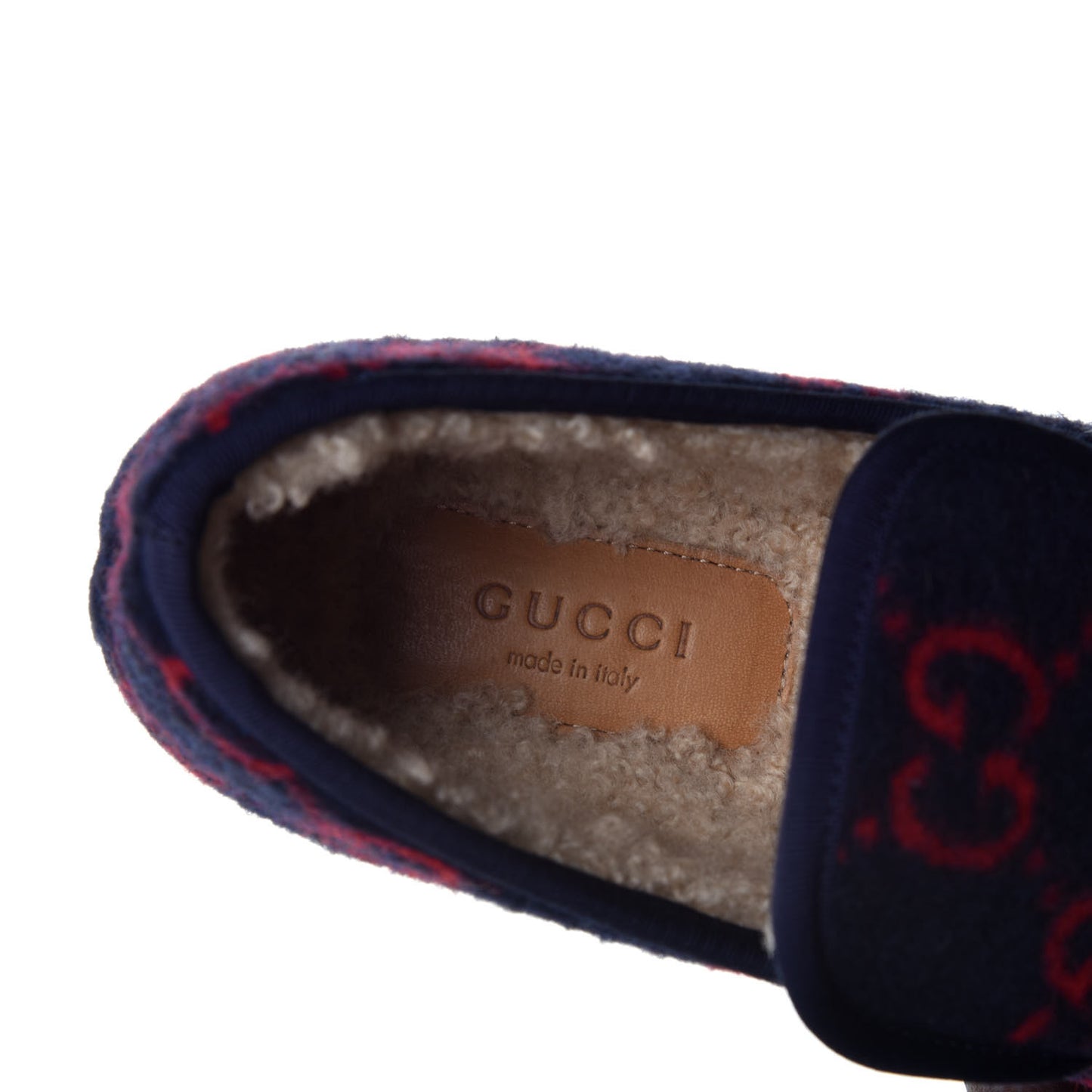 Covered Wool GG Monogram Womens Fria Horsebit Loafers 36 Blue Red Butterscotch
