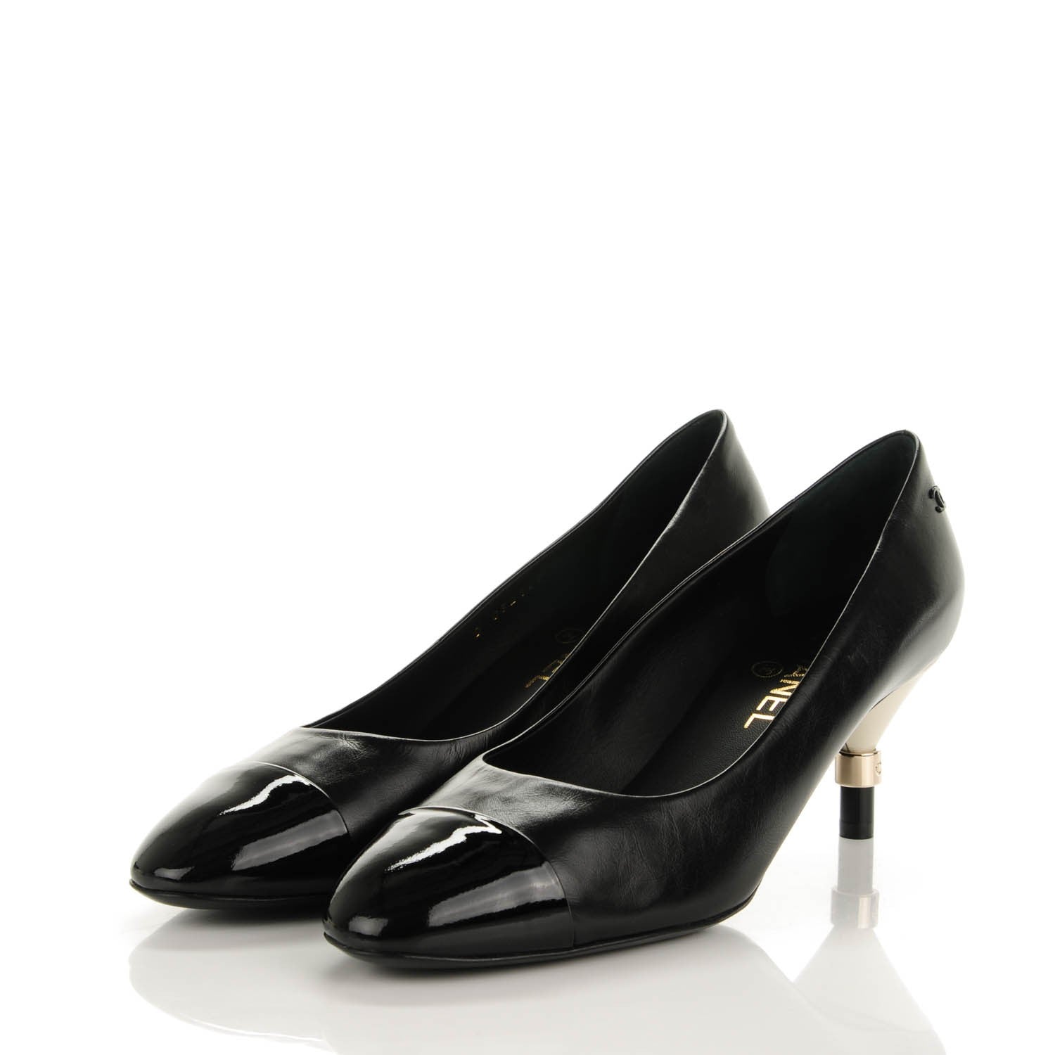 Chanel Calfskin Patent Cap Toe CC Pumps 39.5 Black White 3 of 7