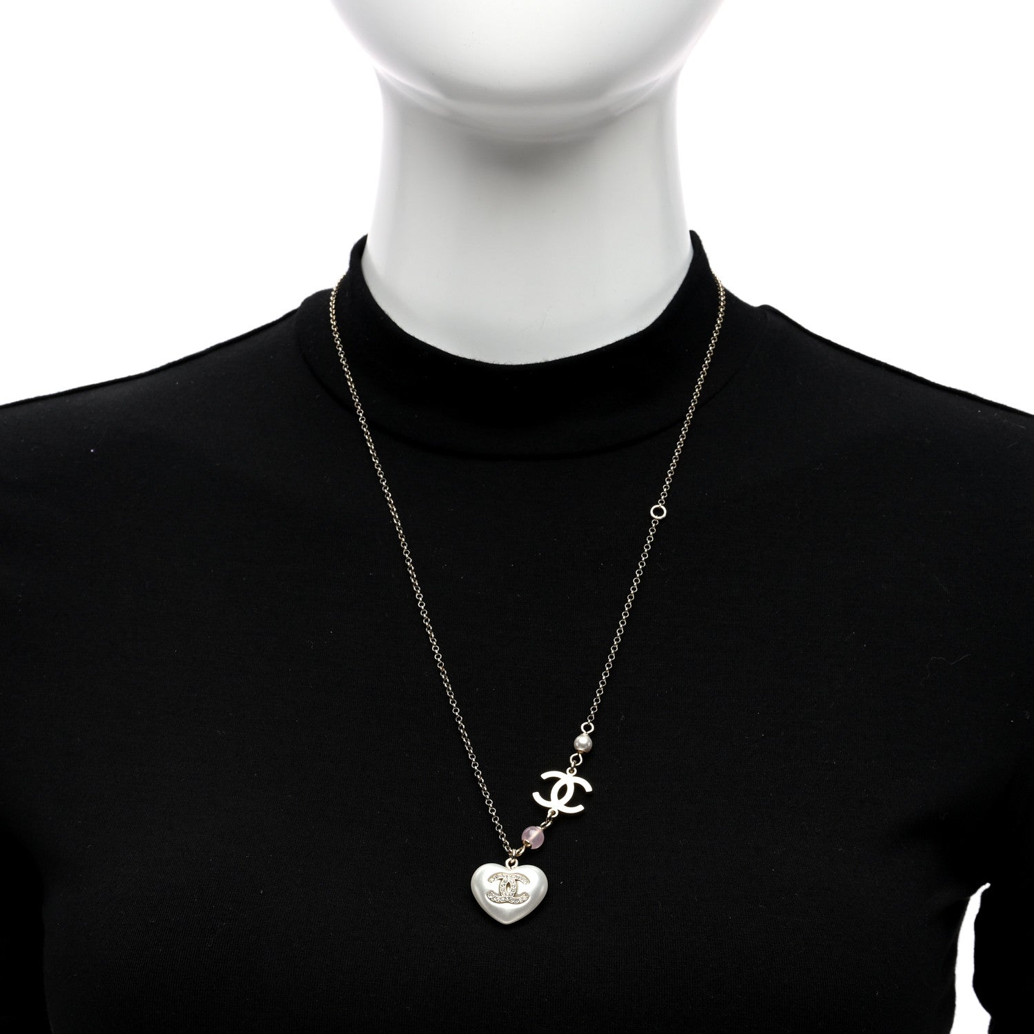 Chanel Resin Crystal CC Heart Necklace Pearly White Gold 2 of 4