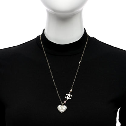 Chanel Resin Crystal CC Heart Necklace Pearly White Gold 2 of 4