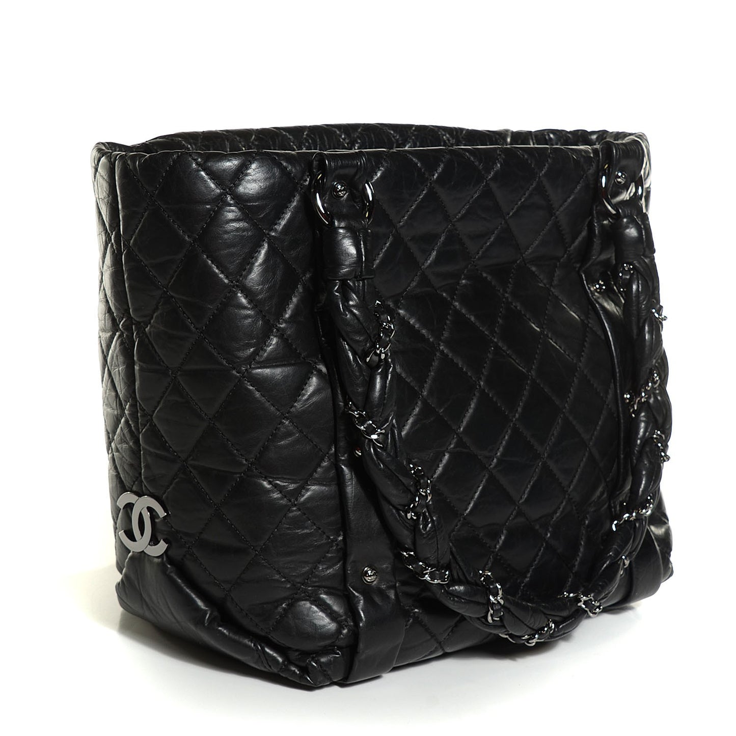 Distressed Lambskin Lady Braid Ligne Tote Black