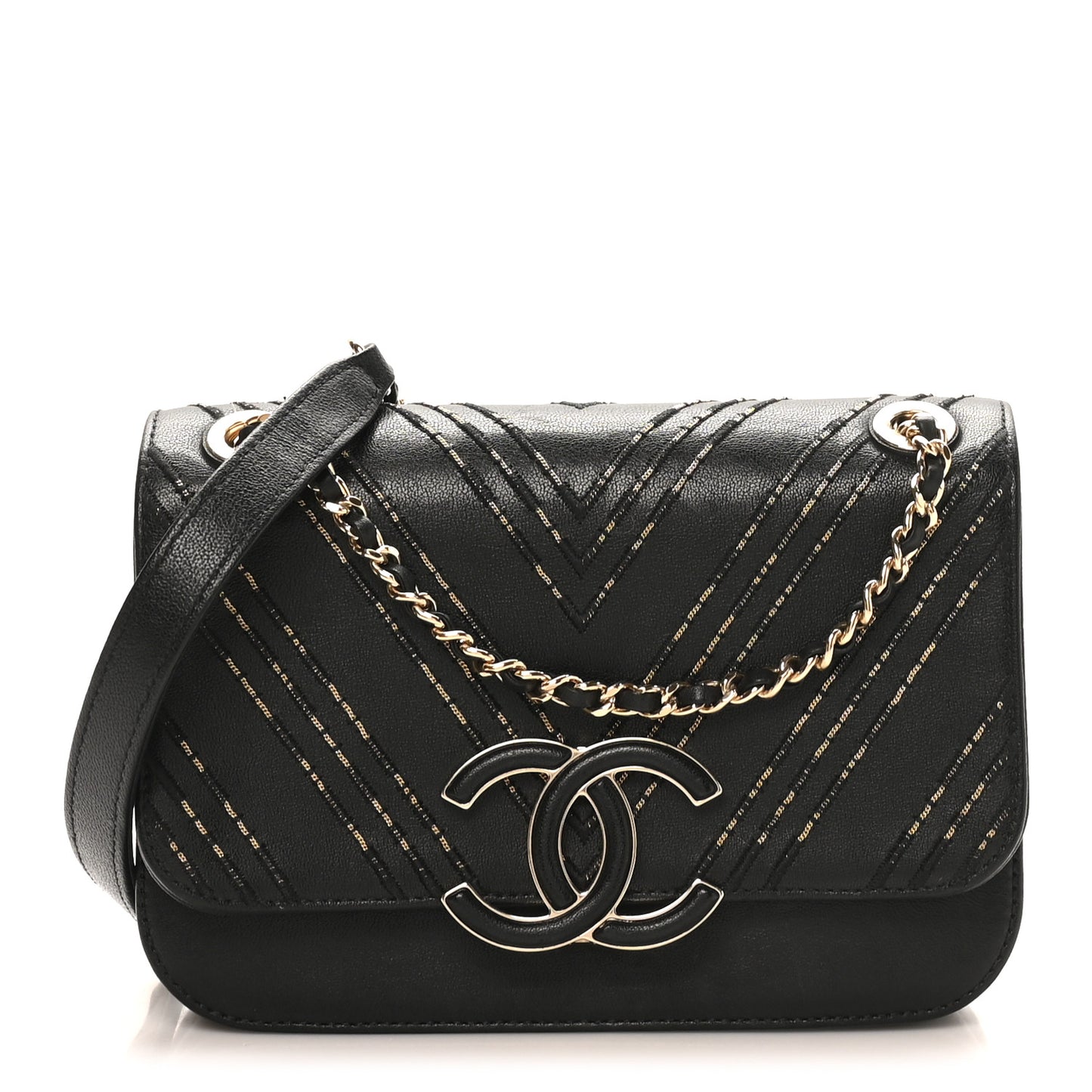 Calfskin Chevron Beaded Chain Mini Square Flap Black