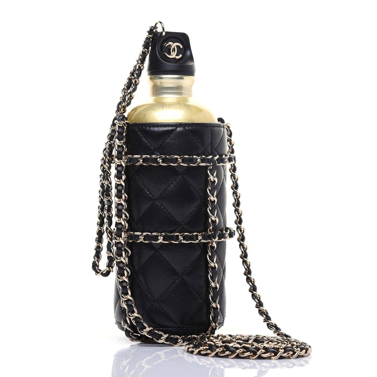 Lambskin Quilted CC To Drink Water Bottle Black Gold