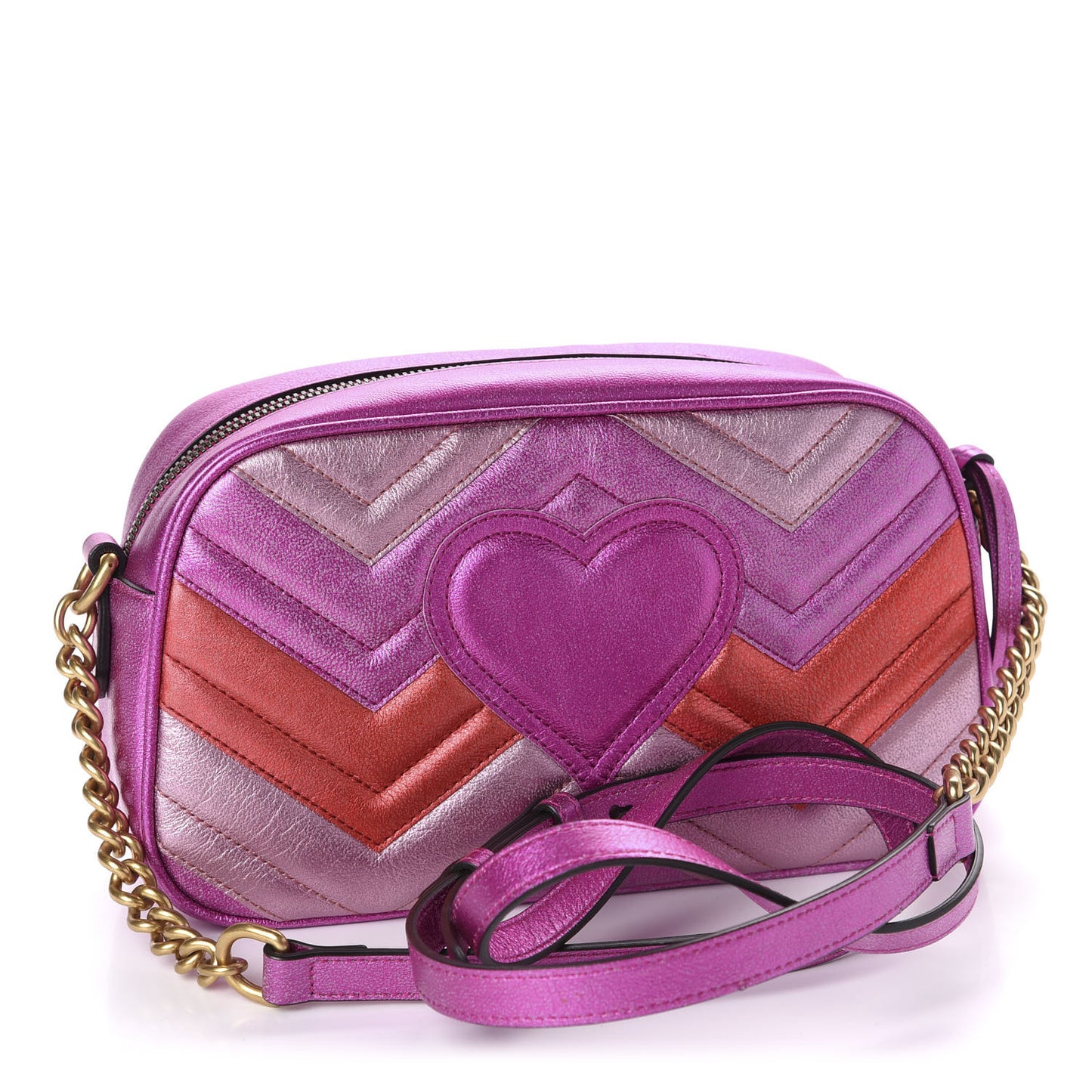 Laminated Nappa Matelasse Small GG Marmont Chain Shoulder Bag Fuxia Rosso Rosa