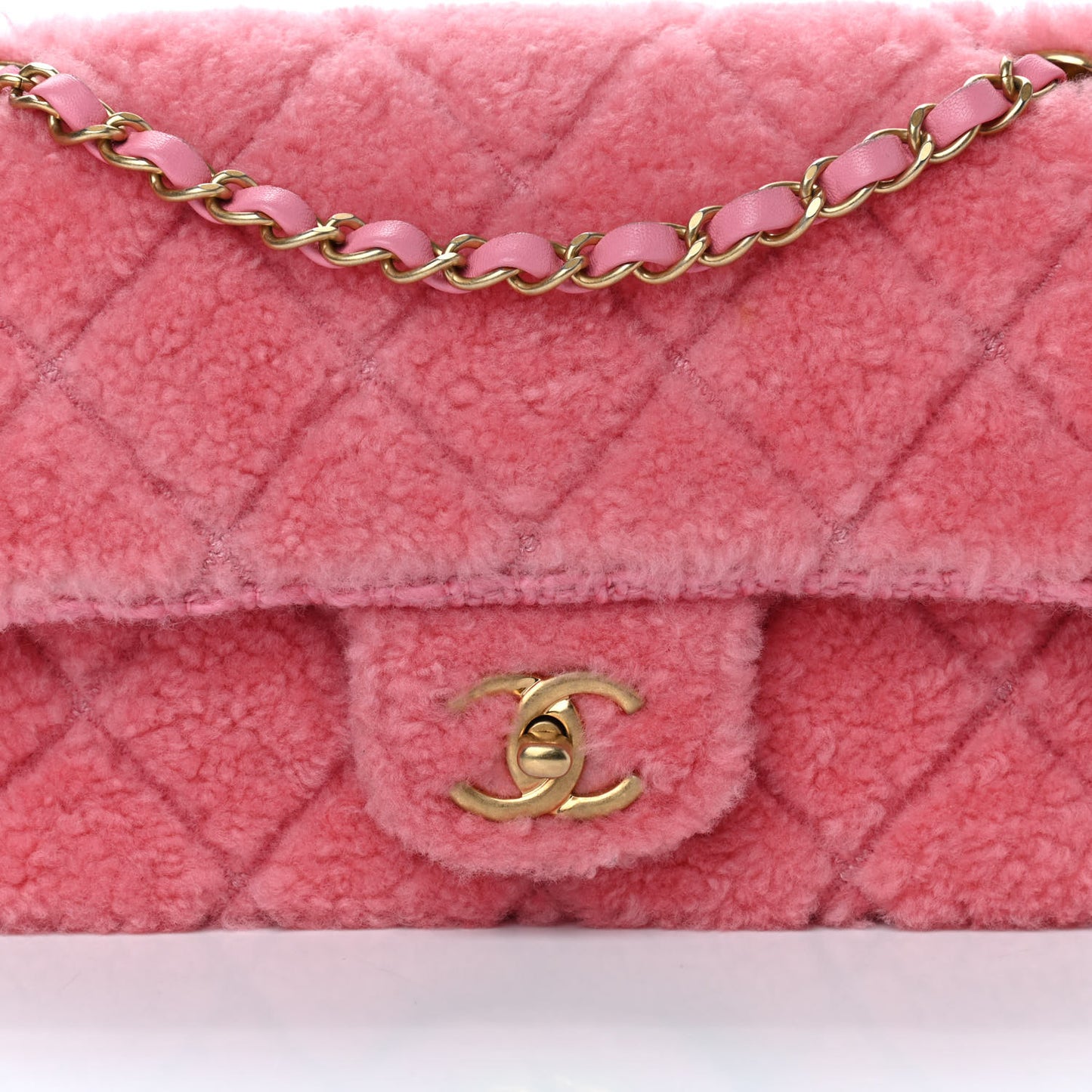 Shearling Sheepskin Tweed Quilted Single Flap Pink