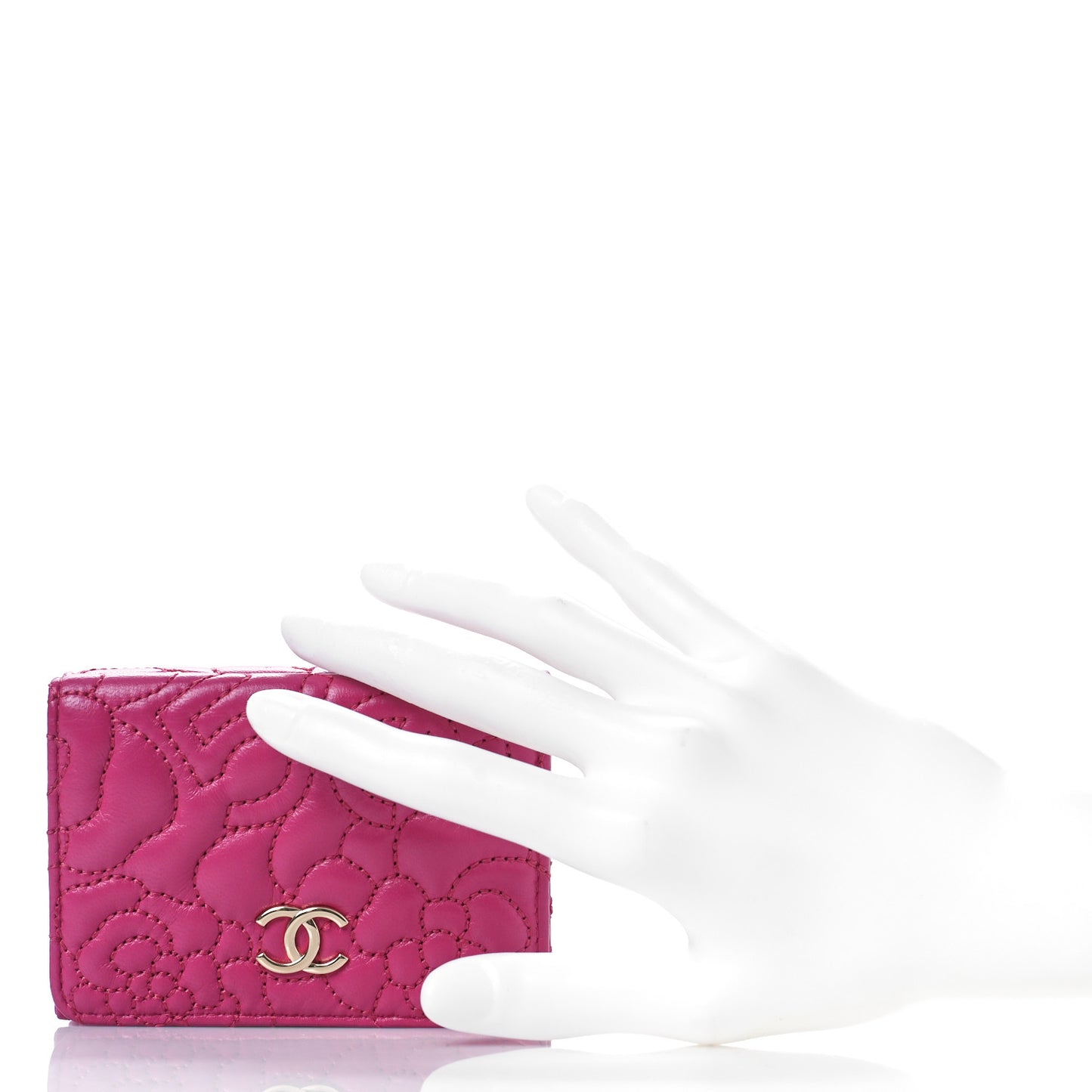 Lambskin Camellia Embossed Compact Wallet Fuchsia