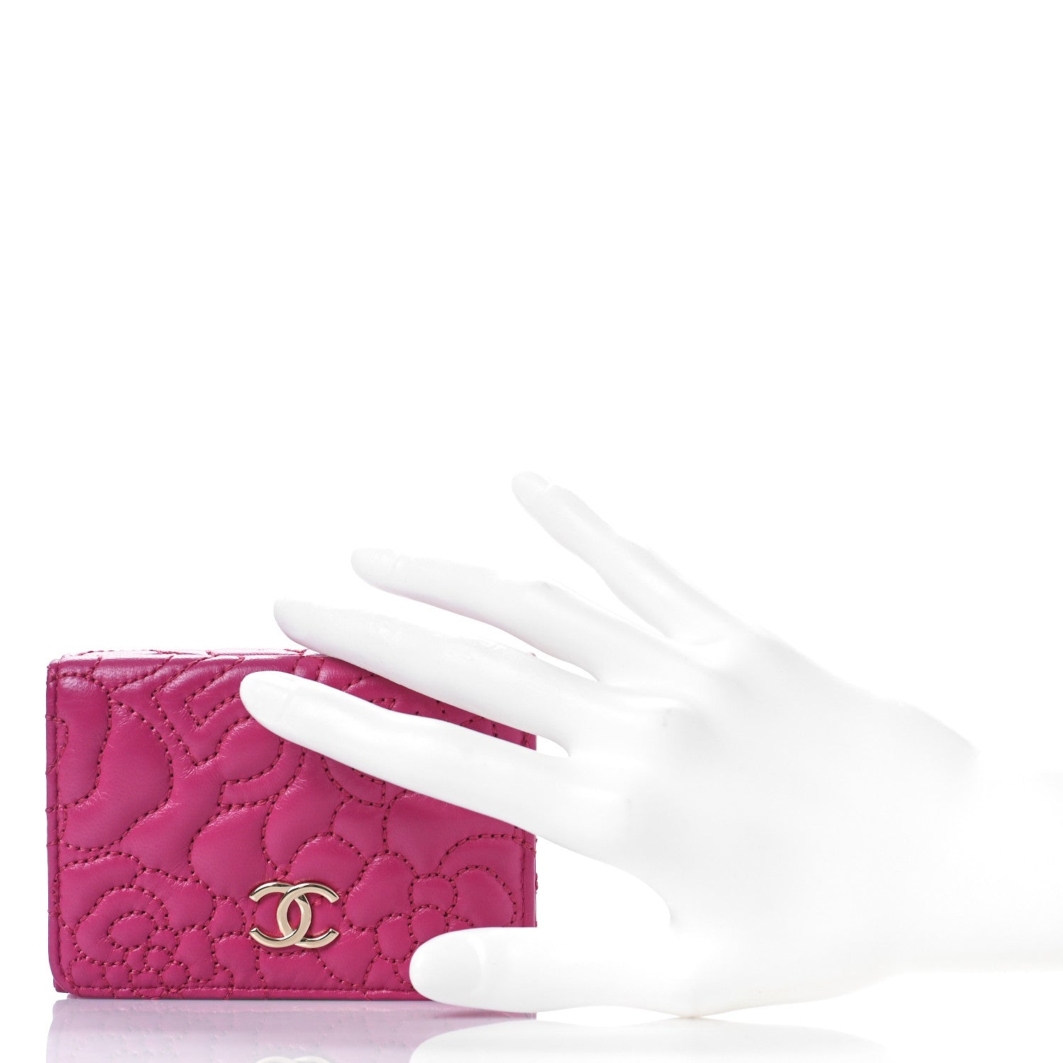 Chanel Lambskin Camellia Embossed Compact Wallet Fuchsia 2 of 10