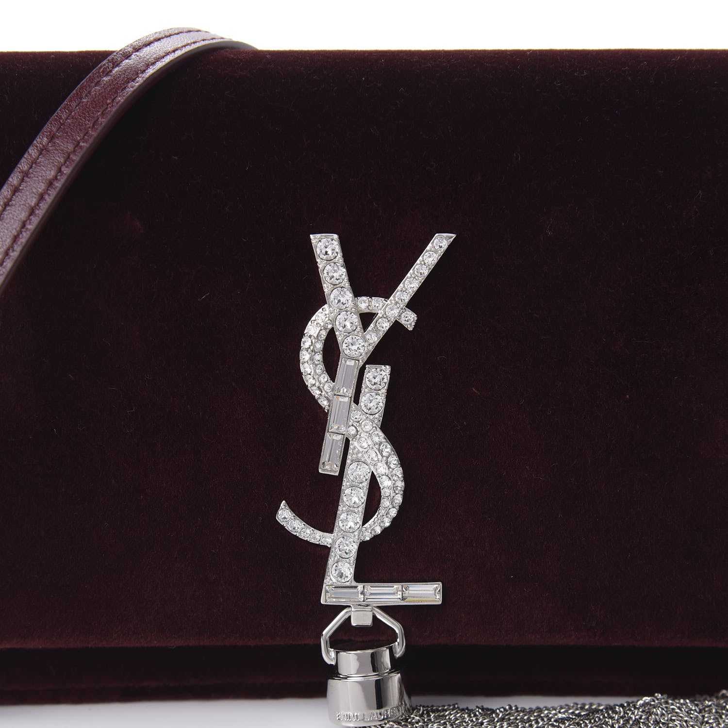 Saint Laurent Velvet Crystal Monogram Kate Tassel Shoulder Bag Burgundy 9 of 9
