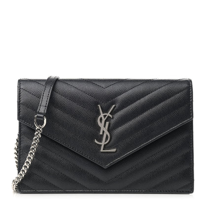 Saint Laurent Grain De Poudre Matelasse Chevron Monogram Envelope Chain Wallet Black 1 of 11