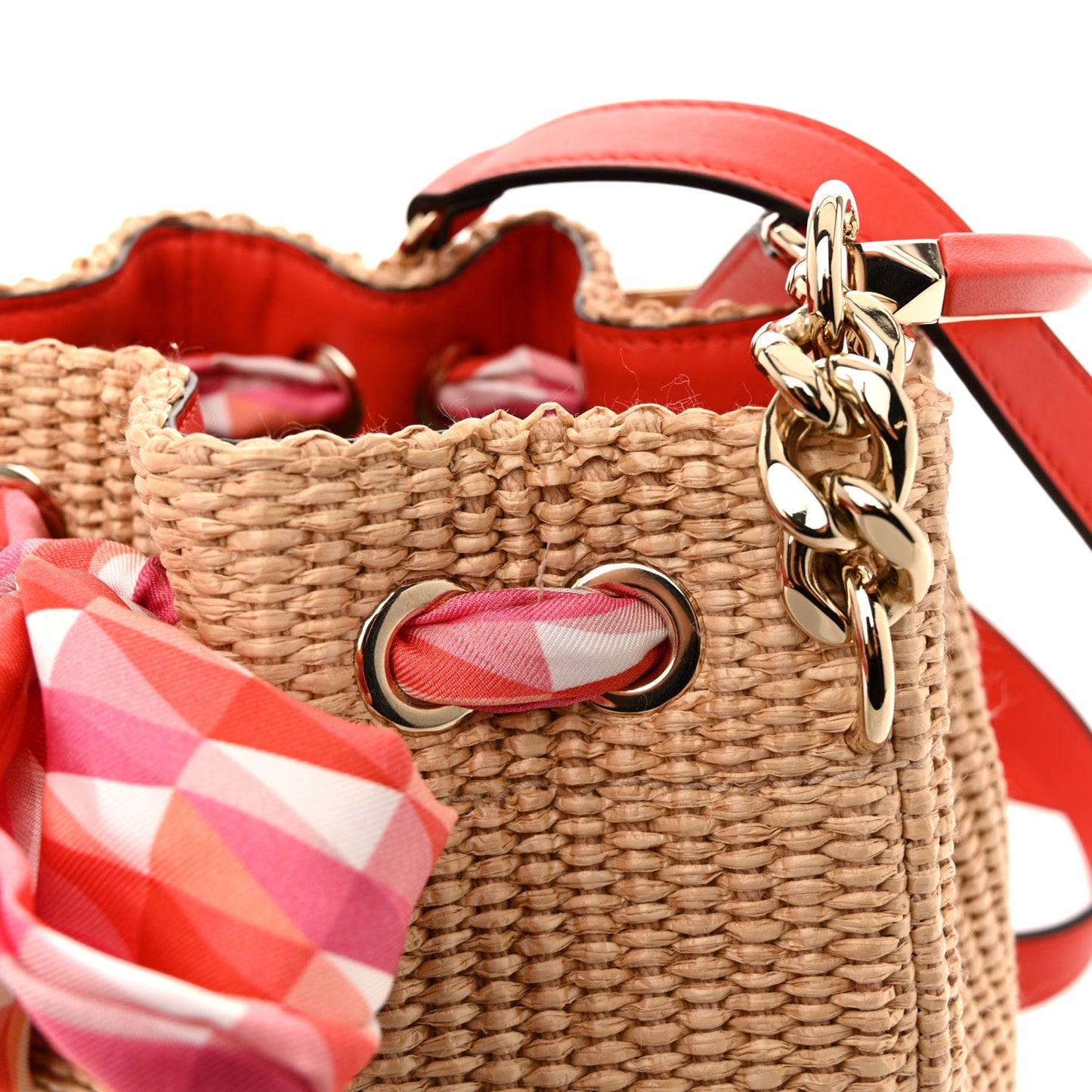 Raffia Bon Bon Bow Bucket Bag Natural Paprika Candy Pink Multicolor