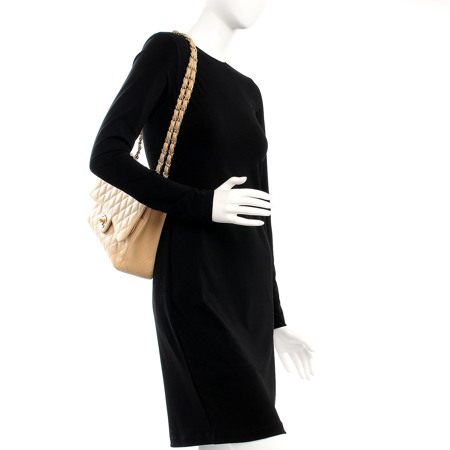 Caviar Quilted Jumbo Double Flap Beige Clair