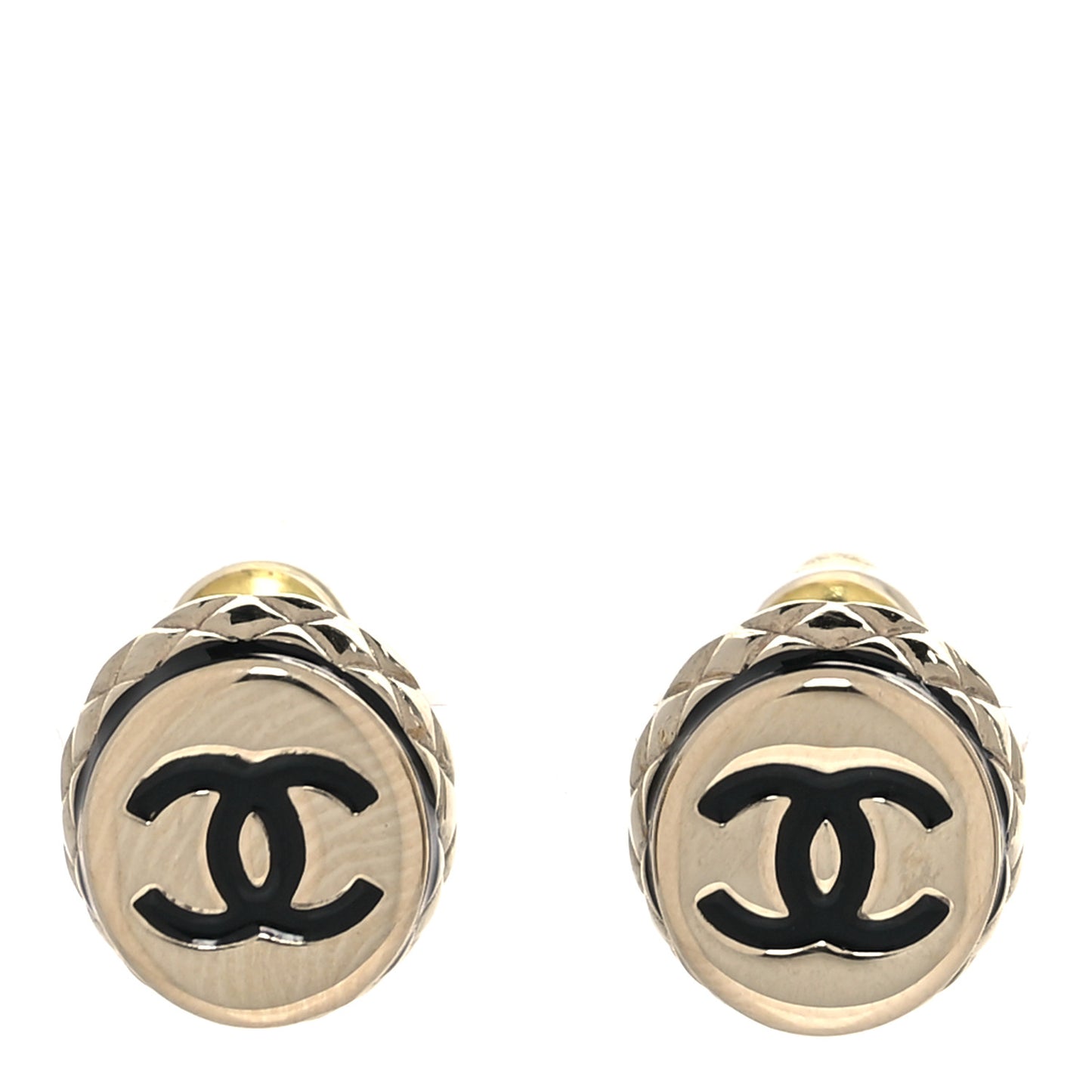Metal Enamel Quilted CC Stud Earrings Gold Black