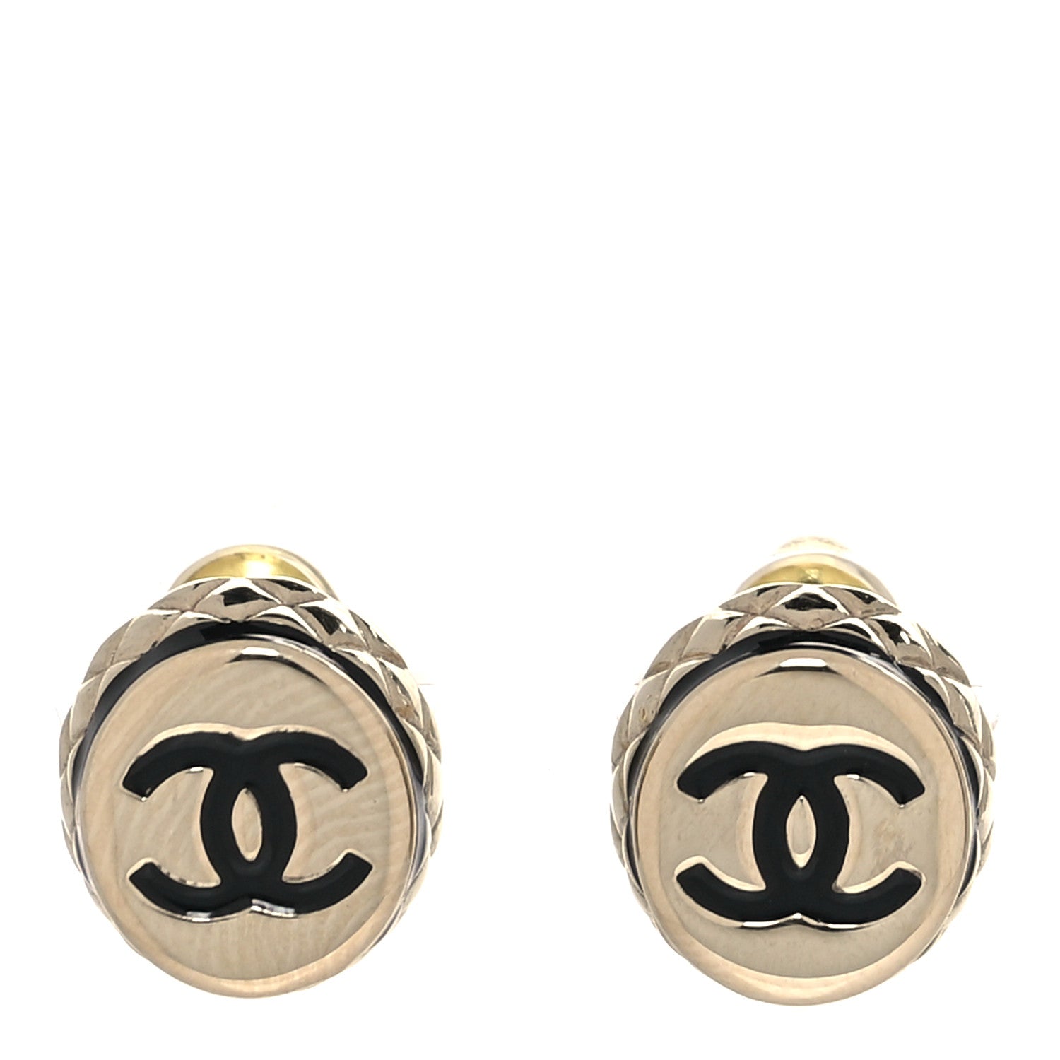 Chanel Metal Enamel Quilted CC Stud Earrings Gold Black 1 of 5