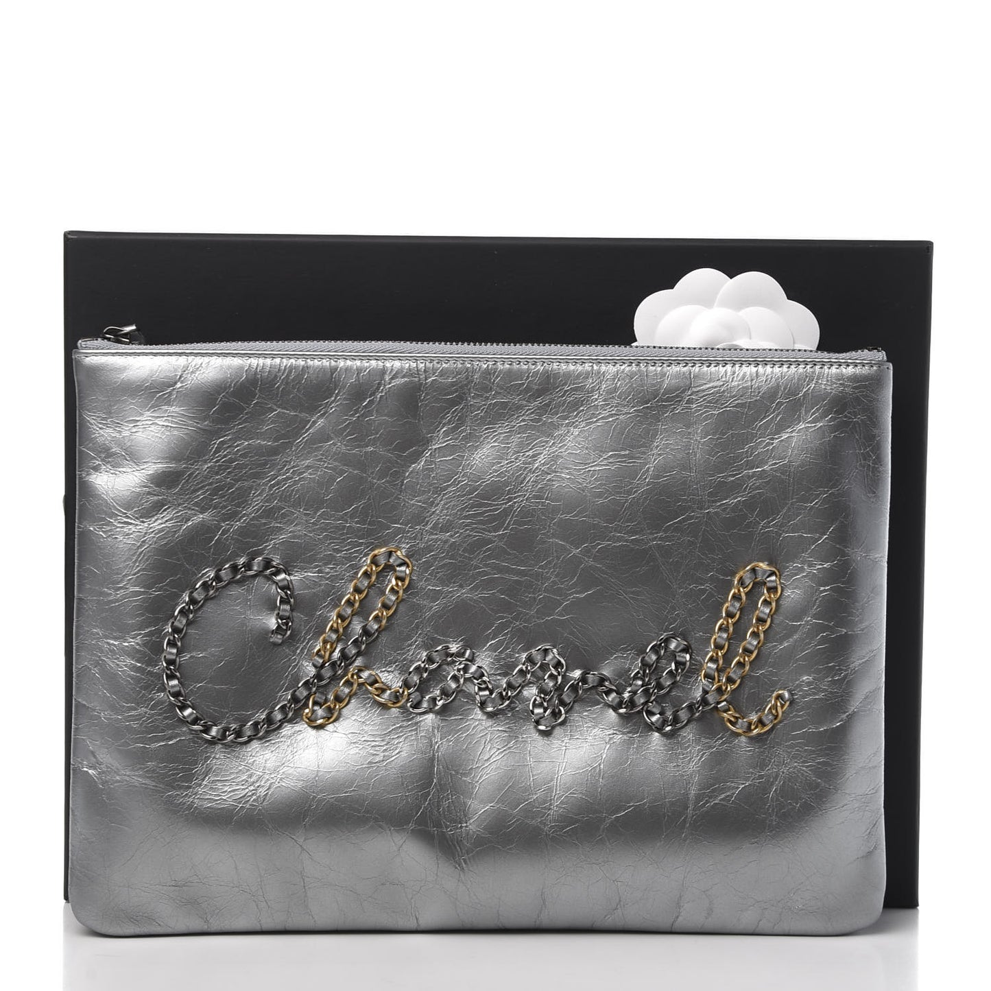 Metallic Crumpled Calfskin Chain 20s Signature Pouch Silver