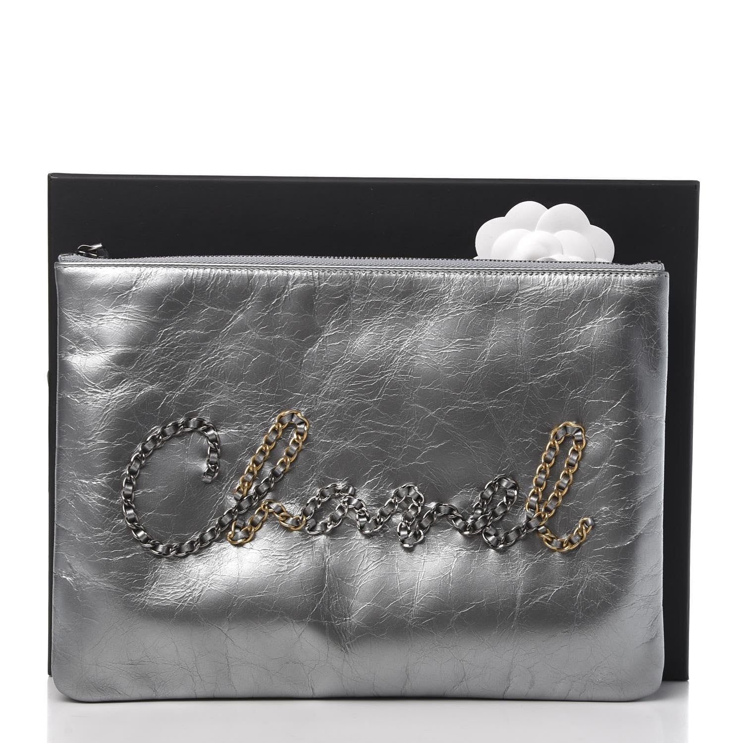 Chanel Metallic Crumpled Calfskin Chain 20s Signature Pouch Silver 10 of 10