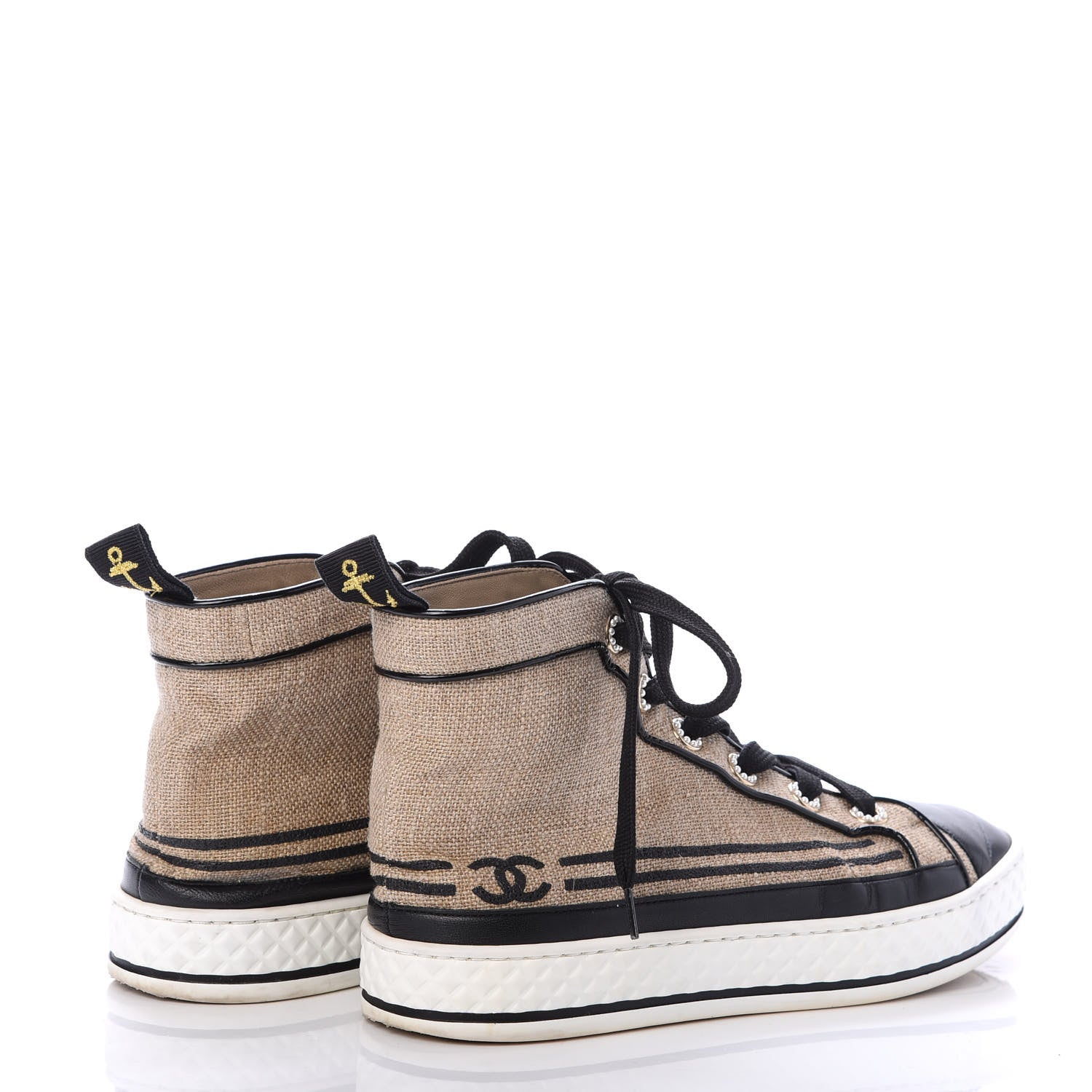 Chanel Fabric Lambskin Lace Up Cap Toe Sneakers 36 Beige Black 4 of 6