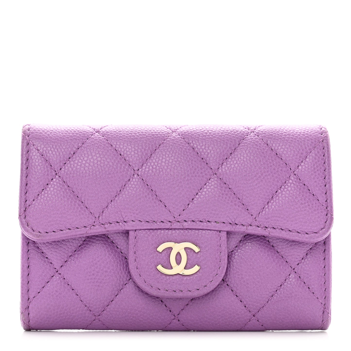 Caviar Quilted Flap Card Holder Wallet Purple