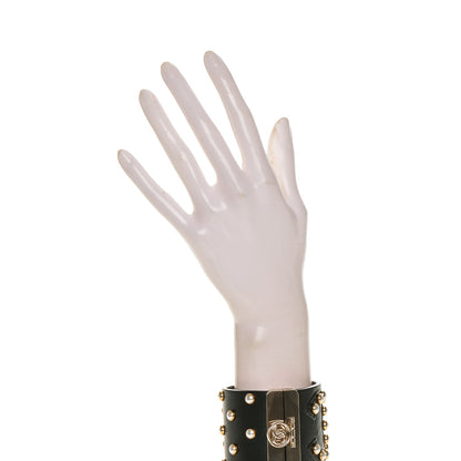 Chanel Lambskin Calfskin Pearl CC Cuff Bracelet Black Gold 2 of 5