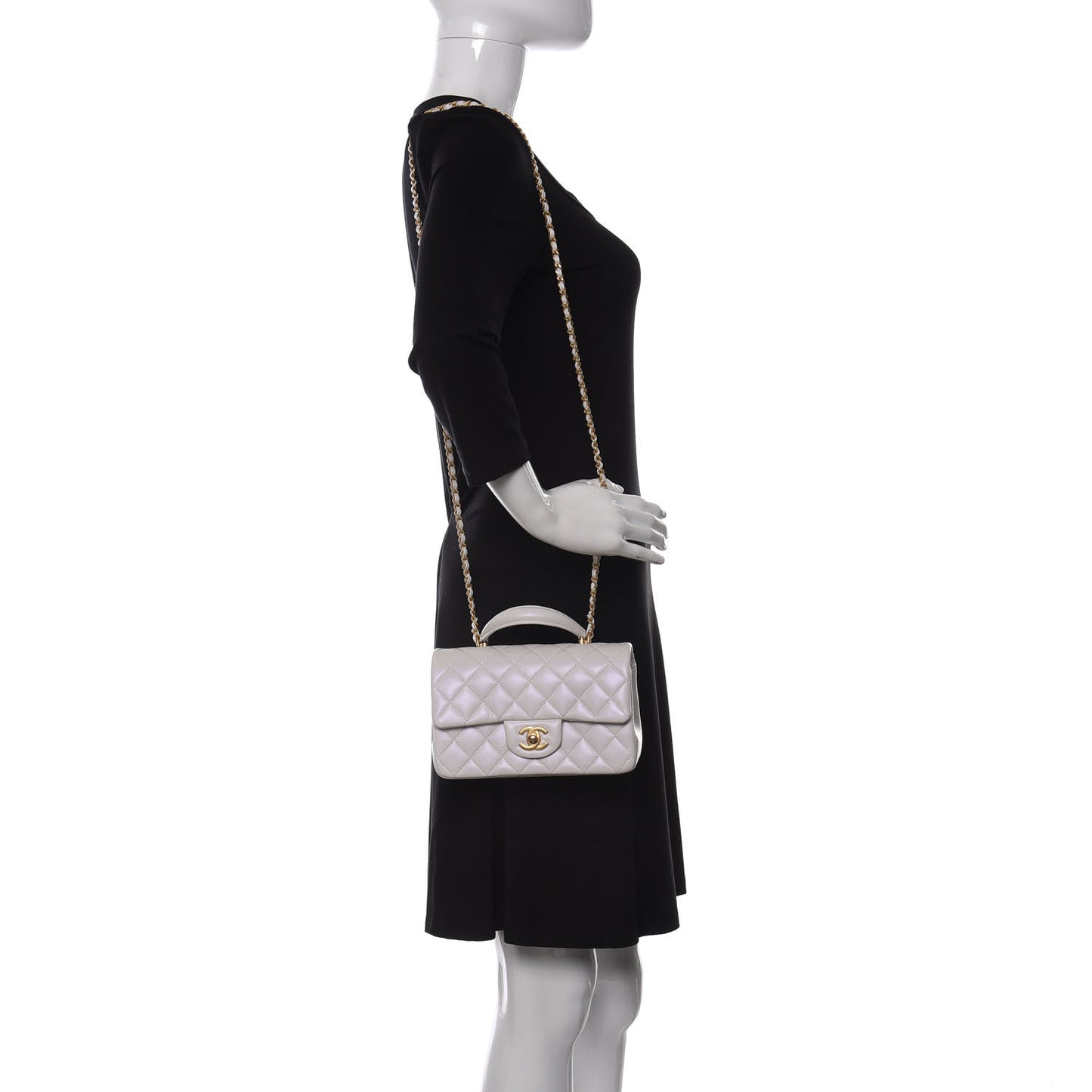 Iridescent Lambskin Quilted Mini Top Handle Rectangular Flap White