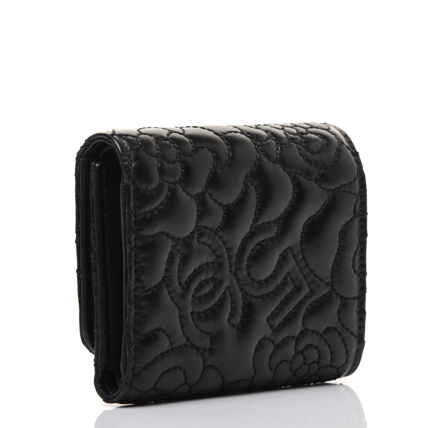 Lambskin Camellia Embossed Small Double Wallet Black
