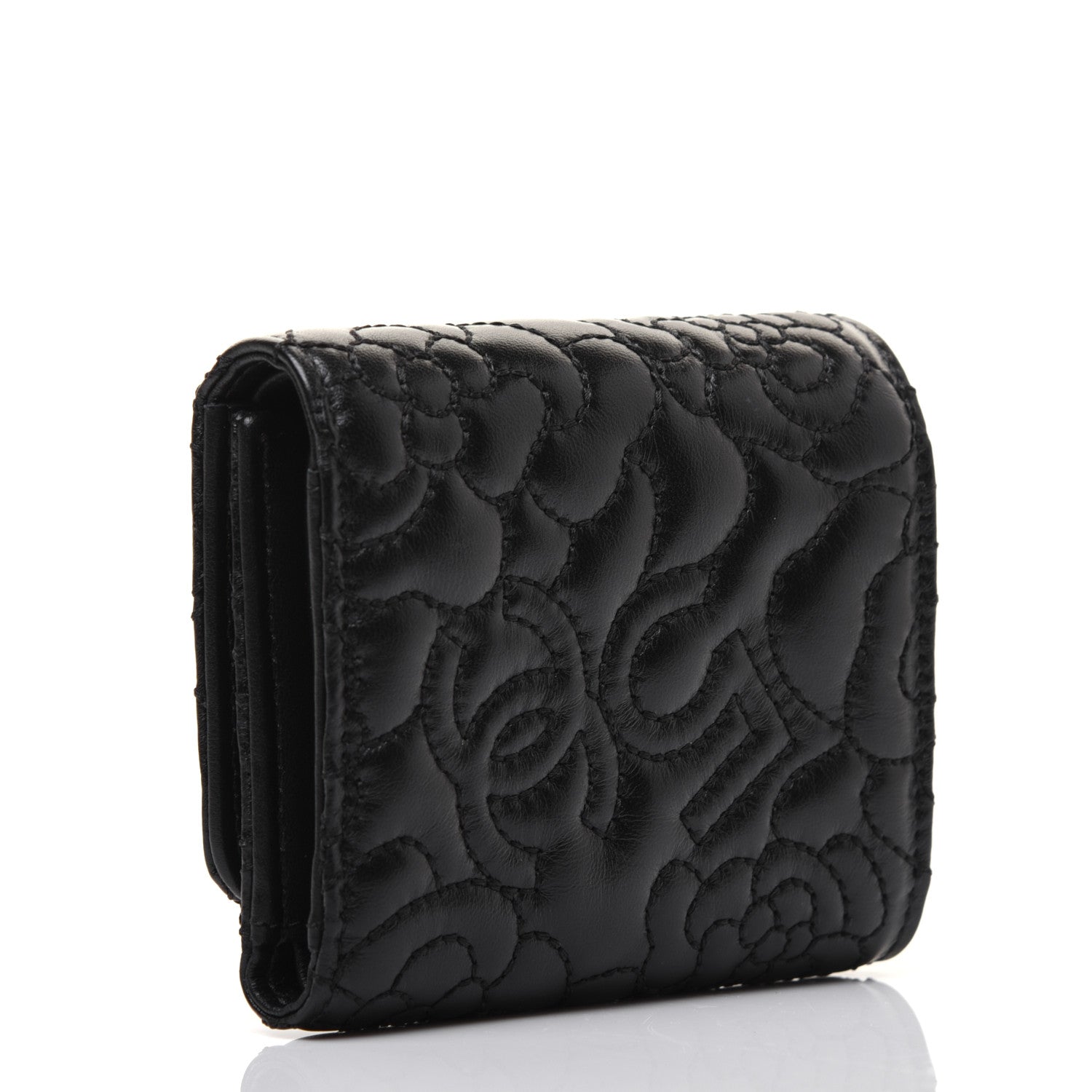 Chanel Lambskin Camellia Embossed Small Double Wallet Black 3 of 13