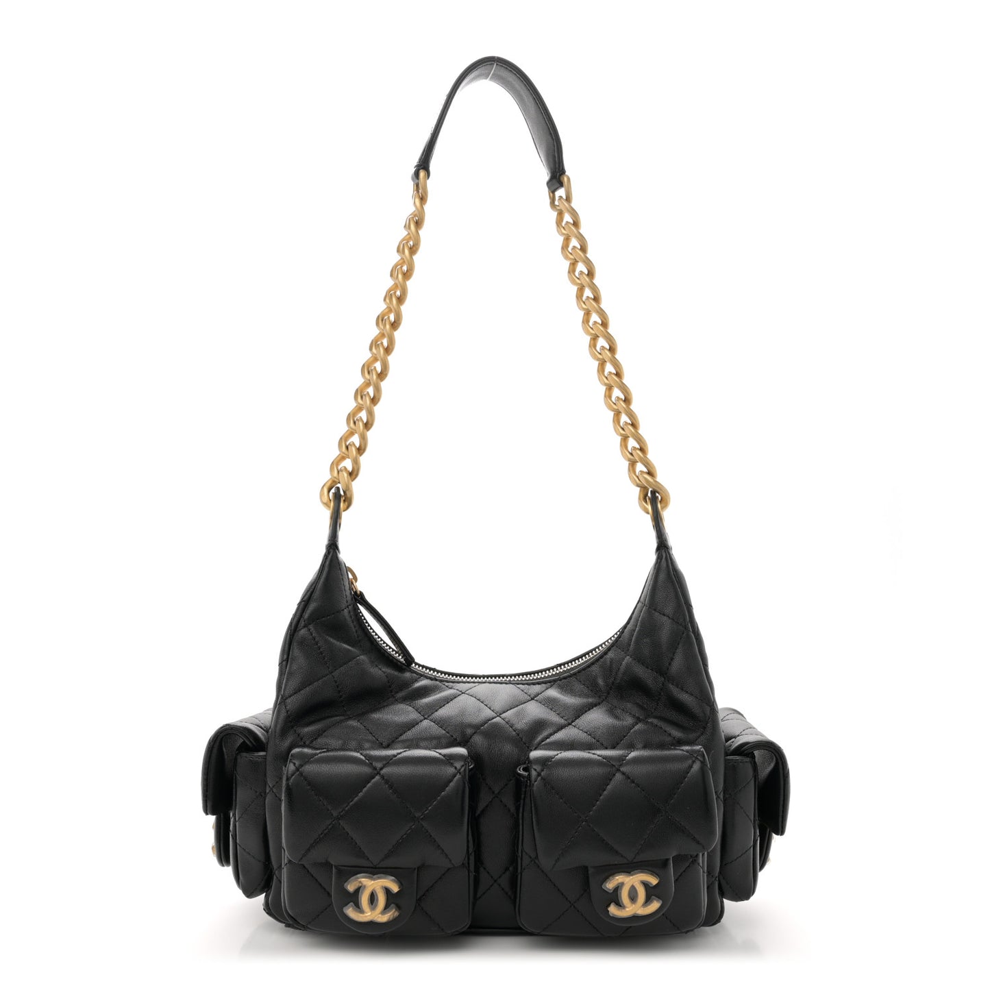 Shiny Lambskin Quilted Trendy Pockets Hobo Black