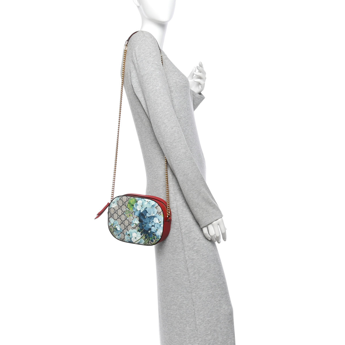 GG Supreme Monogram Blooms Mini Chain Shoulder Bag Beige Blue Navy Hibiscus Red