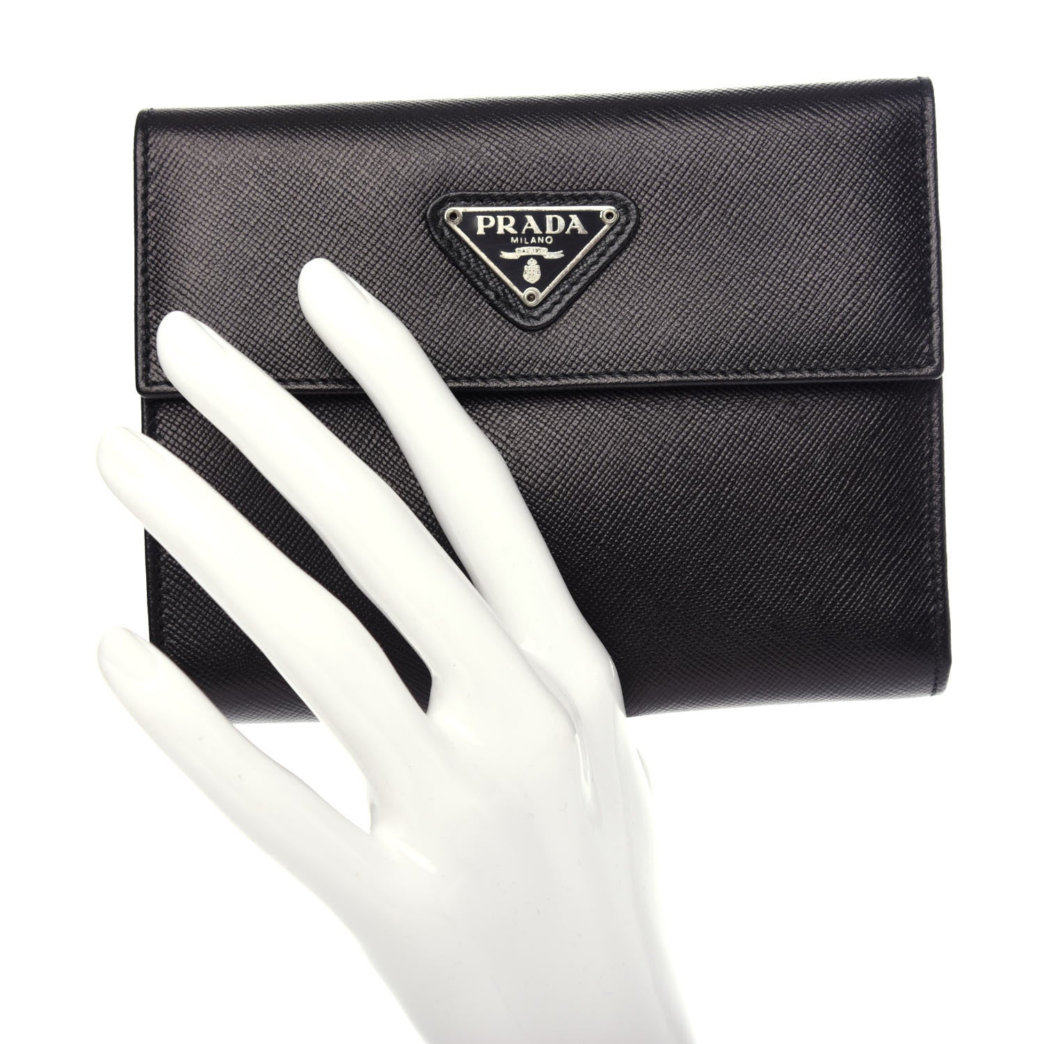 Prada Saffiano Triangle Flap Compact Wallet Black 2 of 8