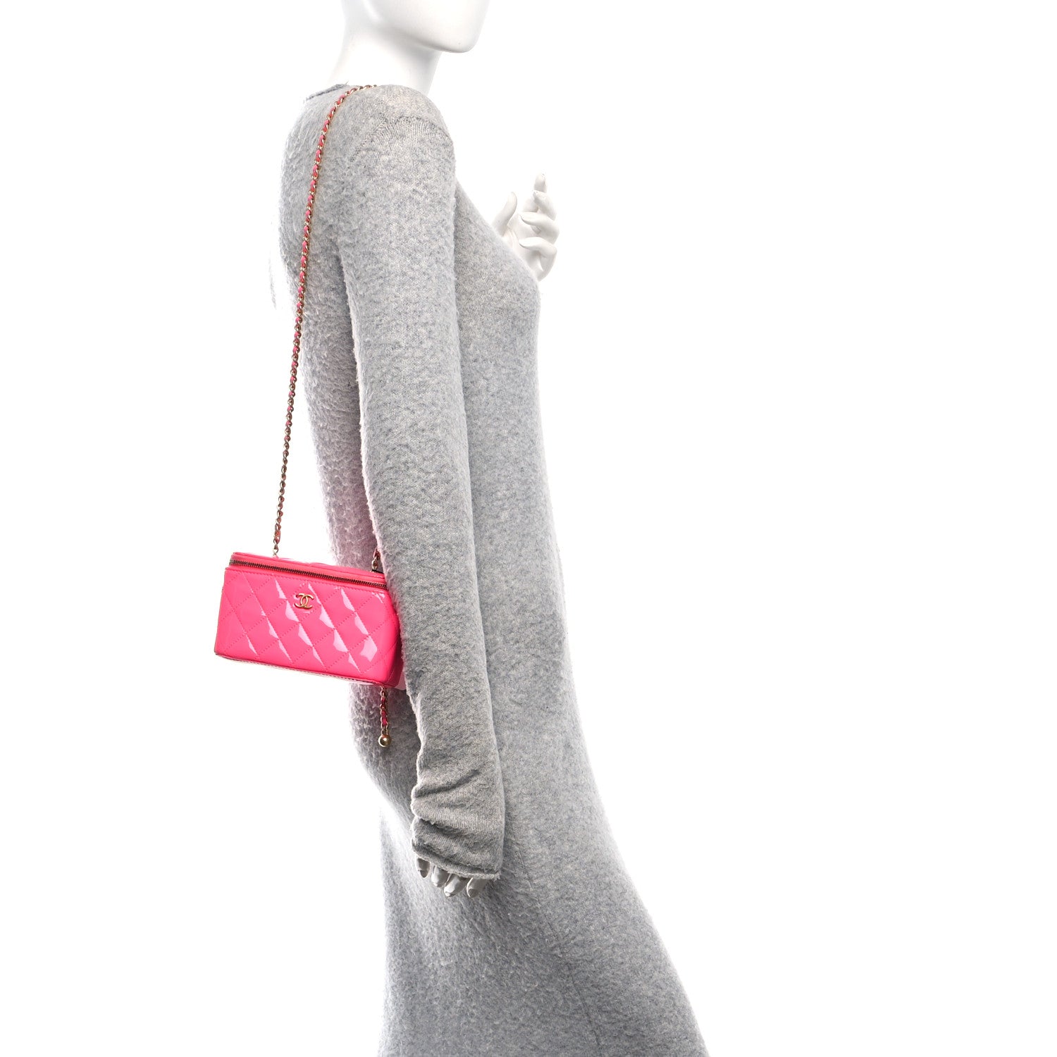 Chanel Patent Quilted Pearl Crush Small Vanity Case With Chain Neon Pink 2 of 11
