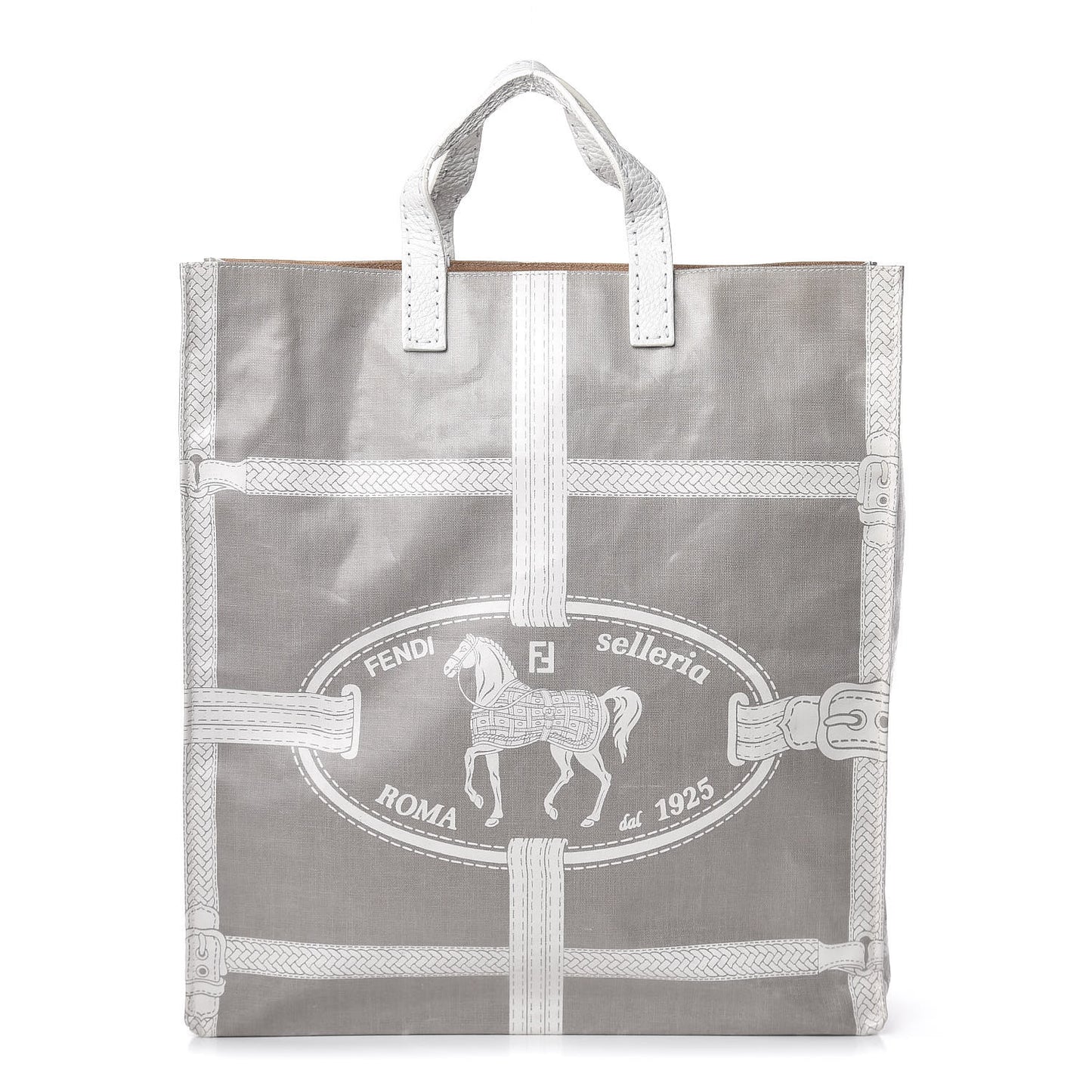 Coated Canvas Calfskin Romano Selleria Borghese Print Special Shopping Tote Bianco