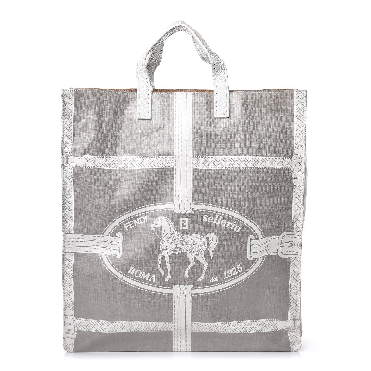 Fendi Coated Canvas Calfskin Romano Selleria Borghese Print Special Shopping Tote Bianco 2 of 20