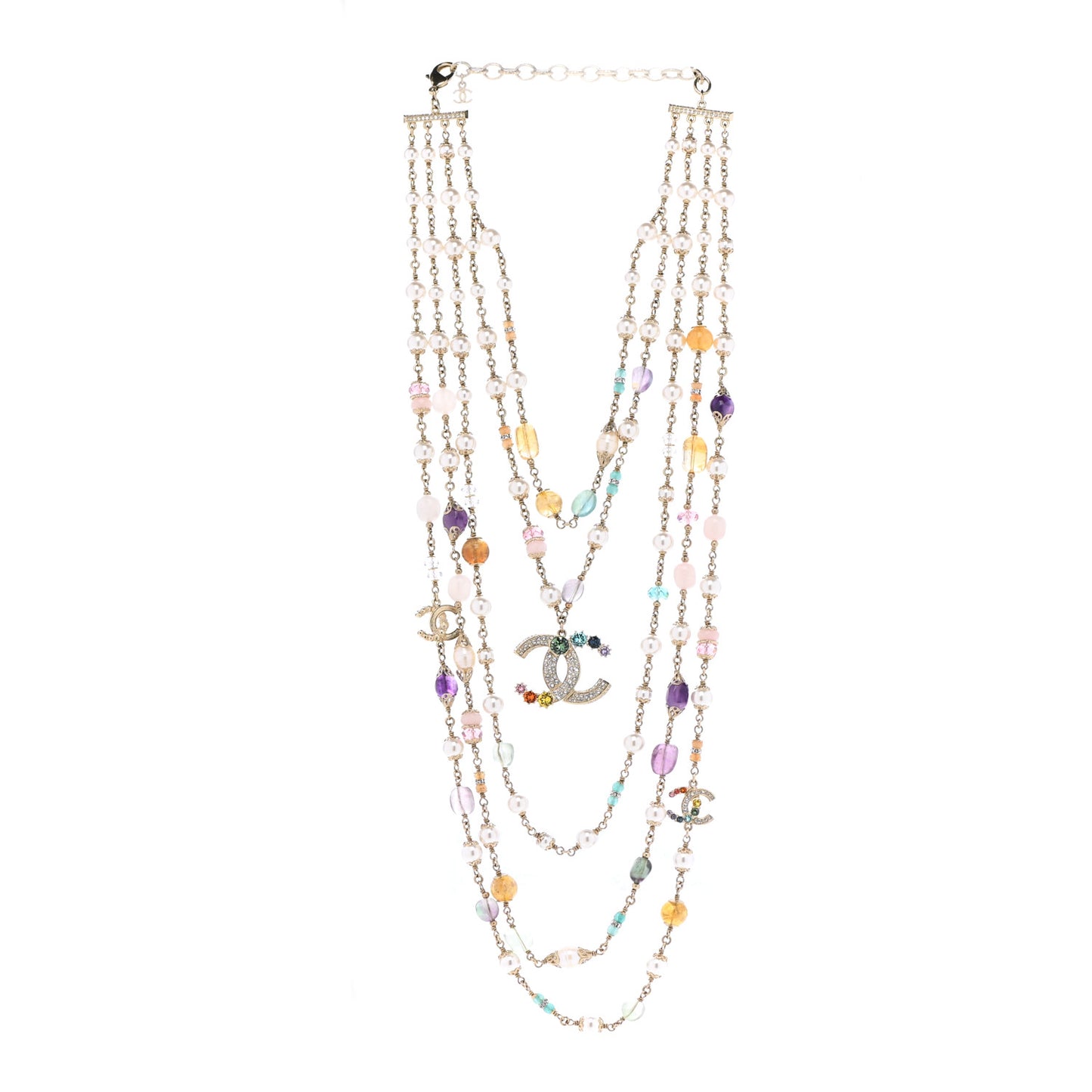 Pearl Crystal Over The Rainbow CC Multi Strand Necklace Gold Multicolor
