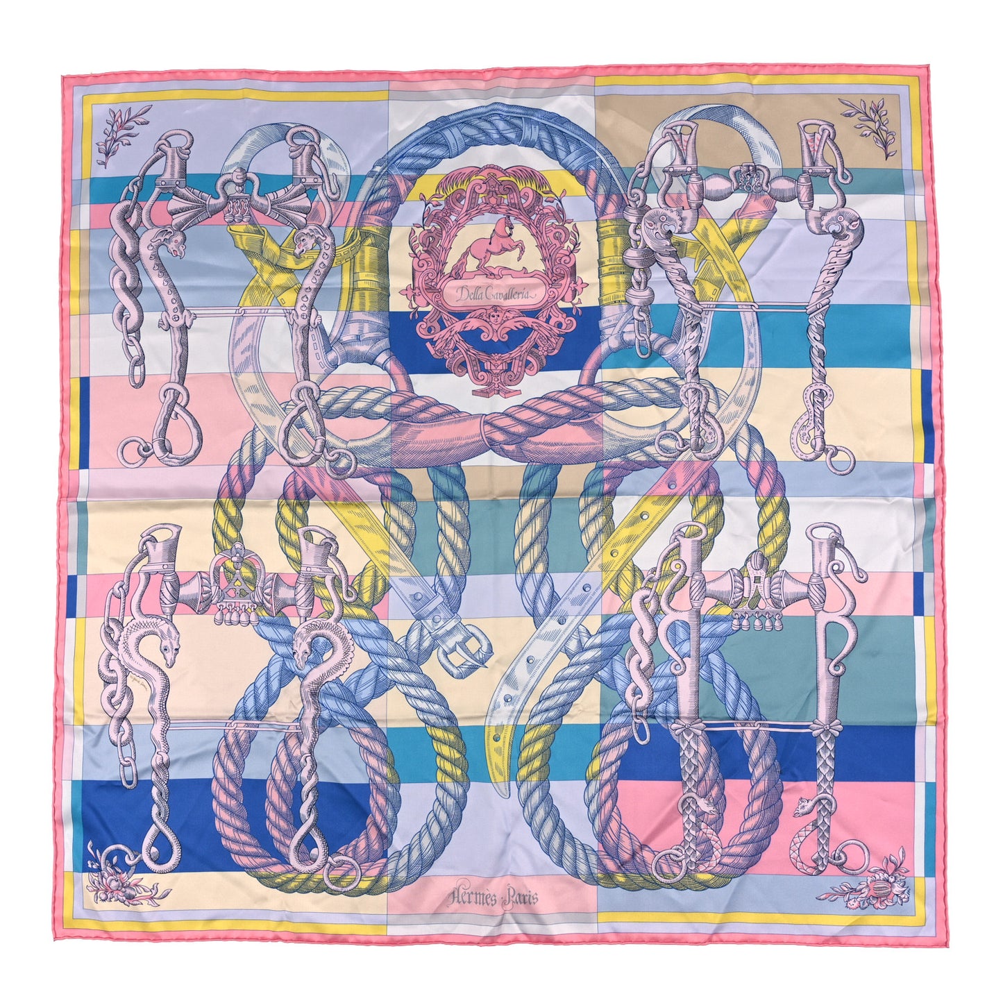 Silk Double Face Della Cavalleria Fine Scarf 90 Rose Bonbon Bleu Jaune