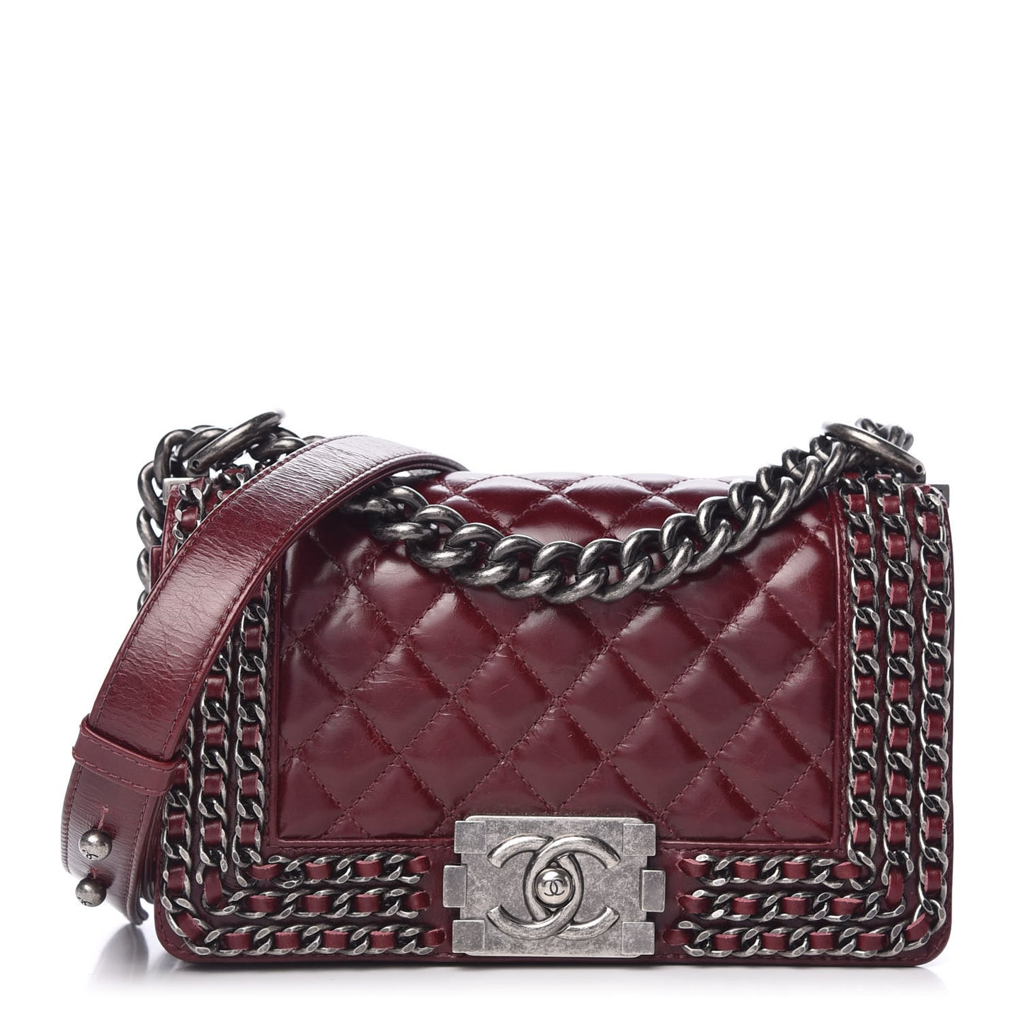 Glazed Calfskin Quilted Small Boy Chained Flap Burgundy