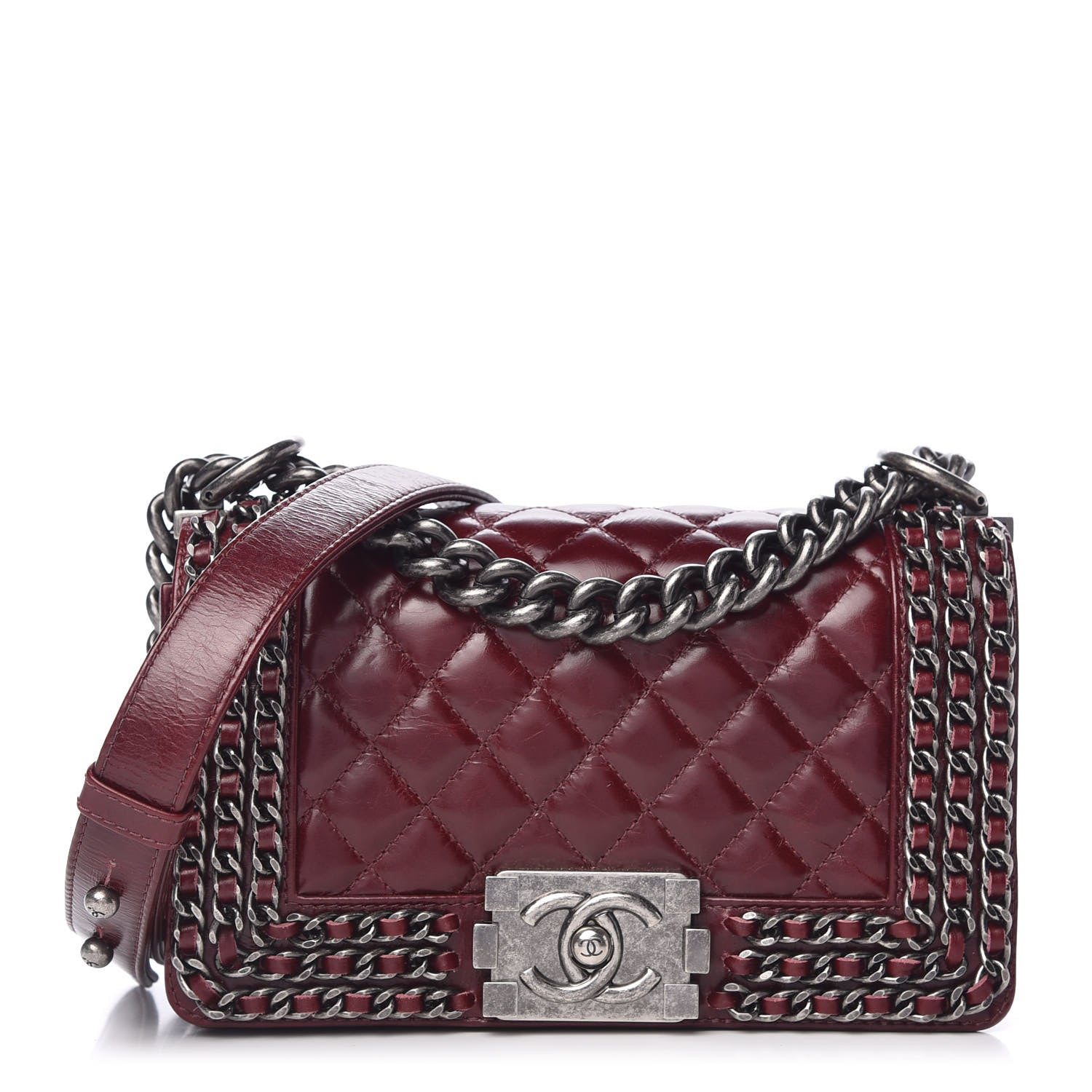 Chanel Glazed Calfskin Quilted Small Boy Chained Flap Burgundy 1 of 10