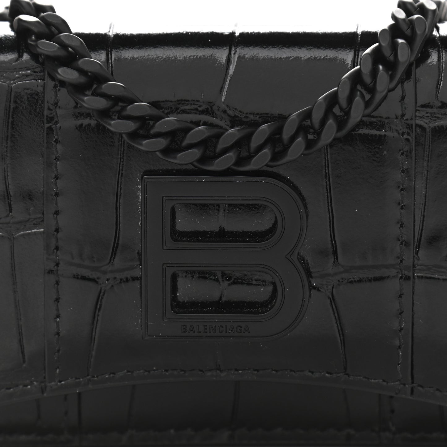 Shiny Calfskin Monochrome Crocodile Embossed Mini Hourglass Wallet on Chain Black