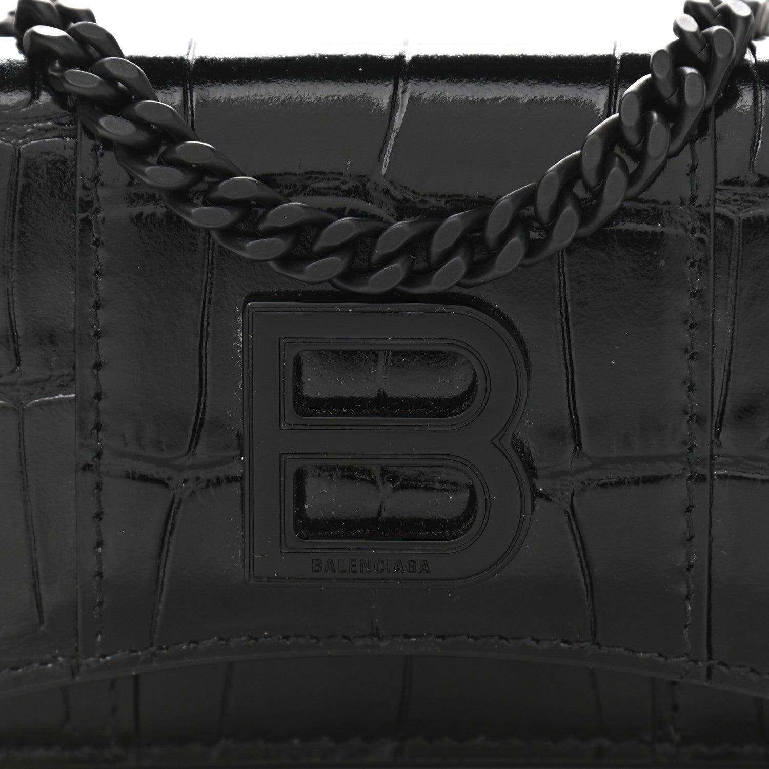 Balenciaga Shiny Calfskin Monochrome Crocodile Embossed Mini Hourglass Wallet on Chain Black 10 of 13