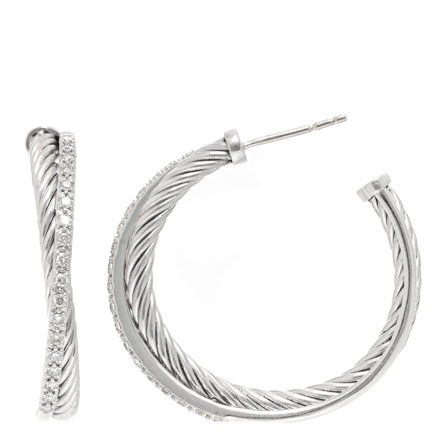 Sterling Silver 14K White Gold Diamond Medium Crossover Hoop Earrings