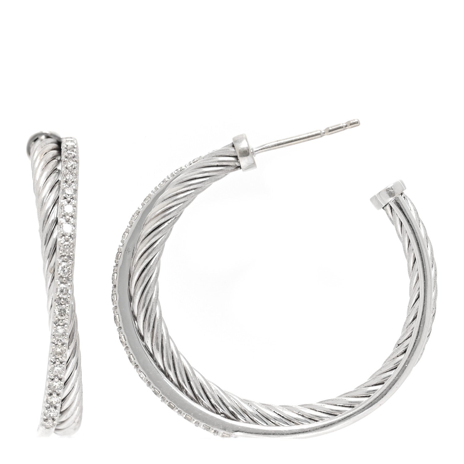 David Yurman Sterling Silver 14K White Gold Diamond Medium Crossover Hoop Earrings 1 of 4